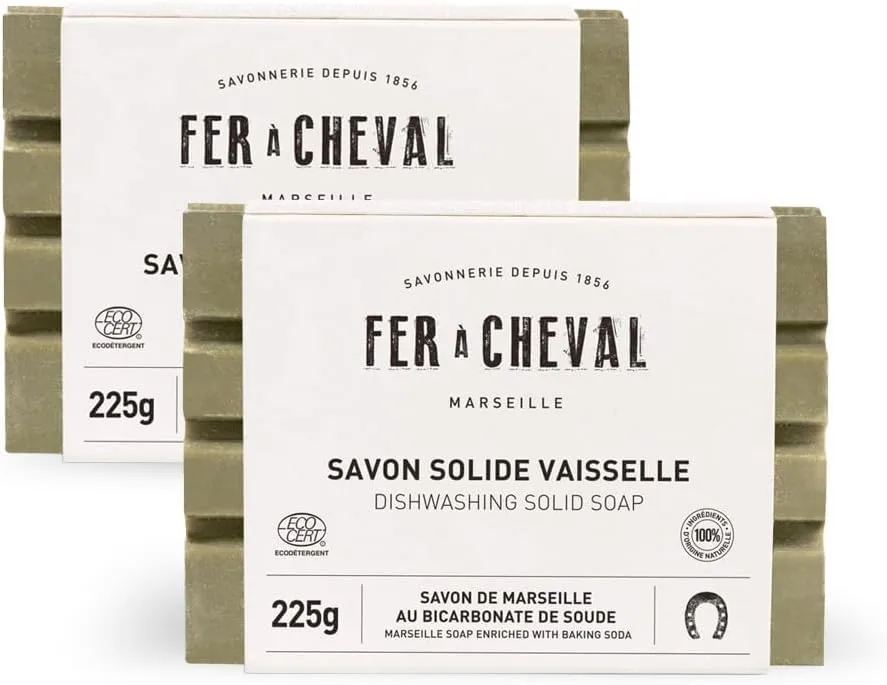 Fer à Cheval Dishwashing Solid Soap | Pristine Marseille Soap Formula with Baking Soda | 100% Natural Dish Soap Bar | French-Origin, Palm-Coconut Oil Free | ECOCERT Certified | 225g/7.94oz, 2 Pack