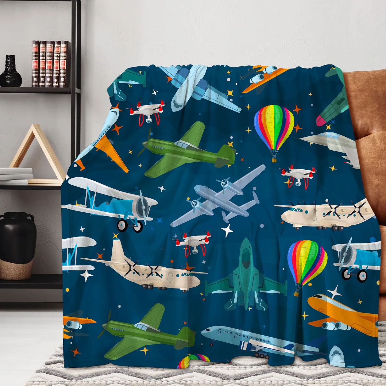 Blue Airplanes Throw Blanket Lightweight Classic Planes Flannel Throw Soft Comfy Plush Blanket for Sofa Office Traveling Camping Home (Blue Airplanes,50x60in)