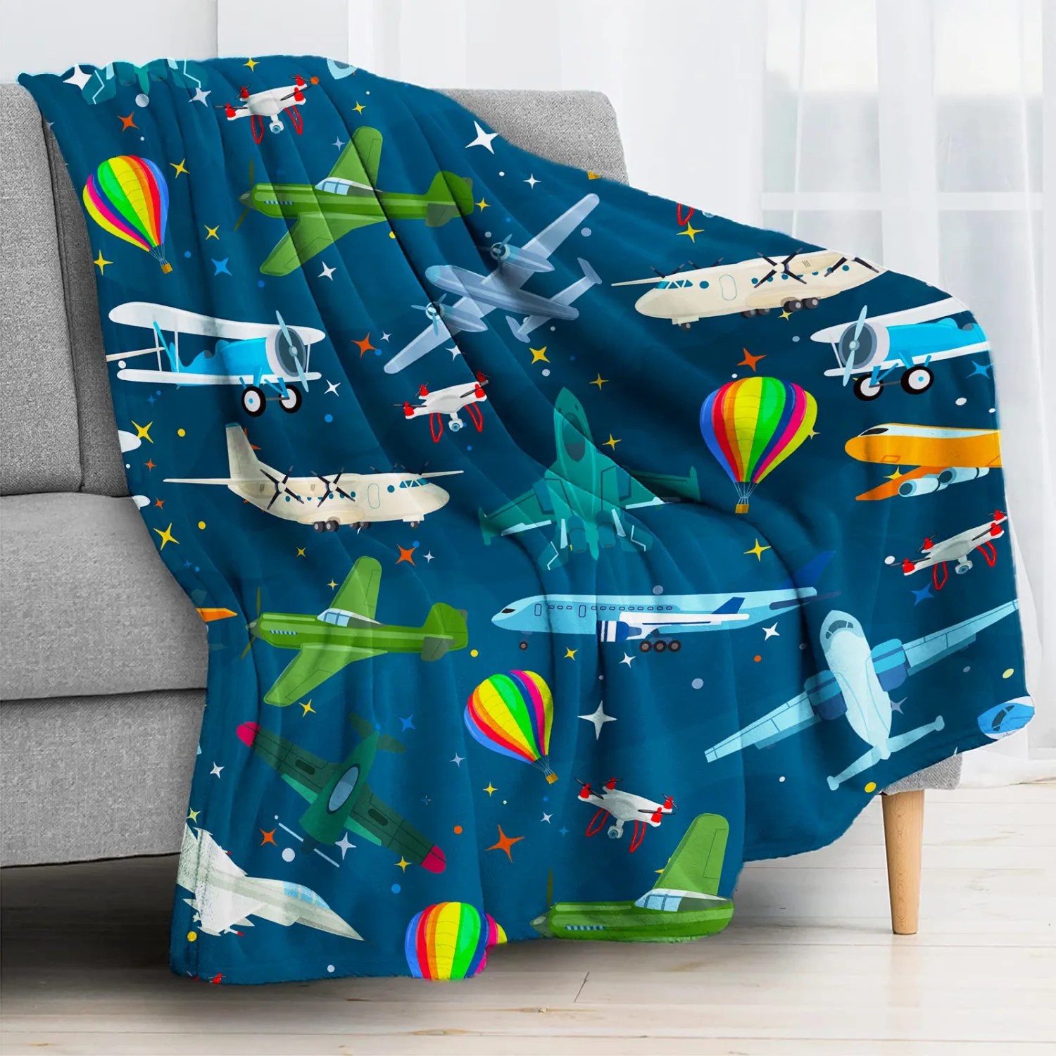 Blue Airplanes Throw Blanket Lightweight Classic Planes Flannel Throw Soft Comfy Plush Blanket for Sofa Office Traveling Camping Home (Blue Airplanes,50x60in)