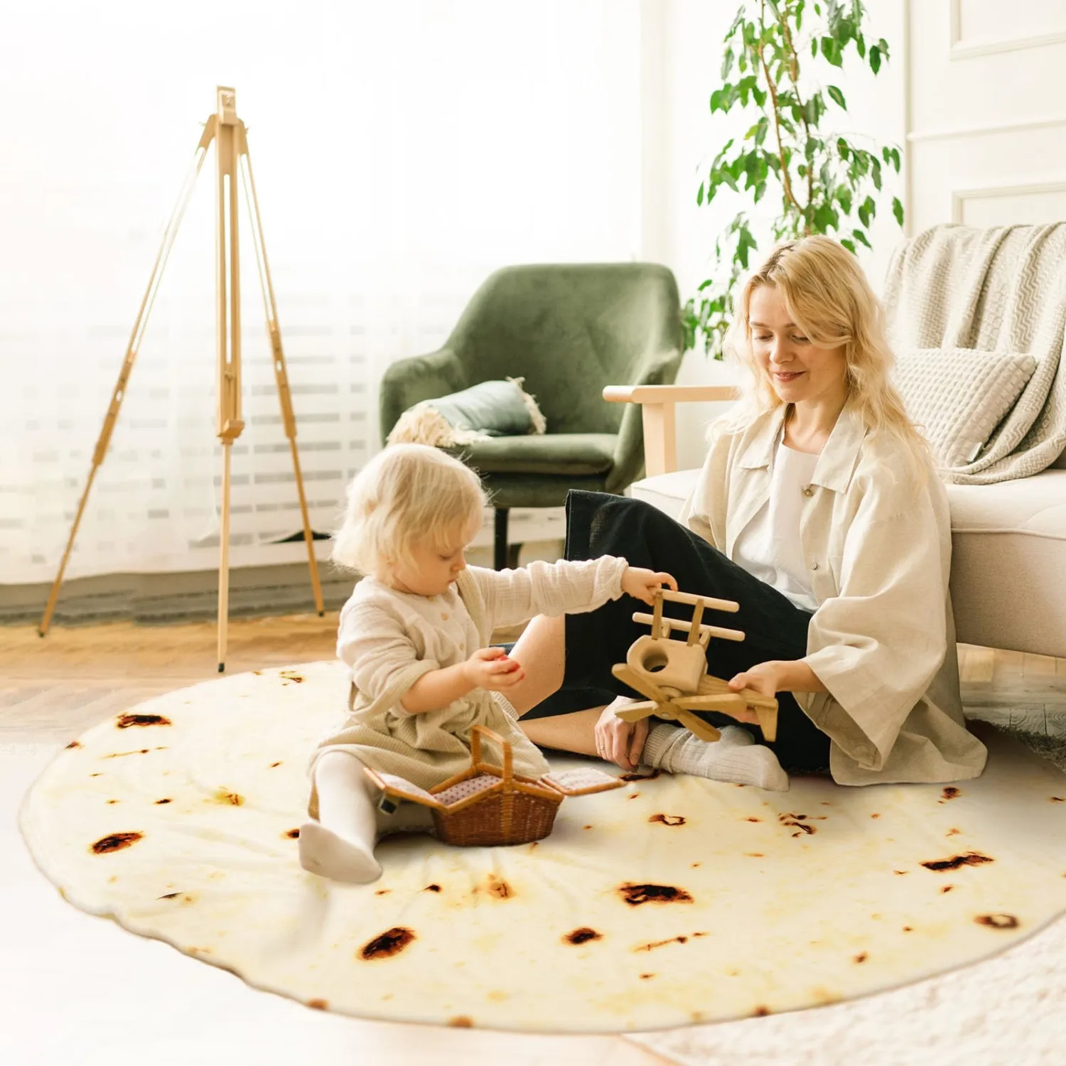 Vessia Burritos Tortilla Blanket Throw Size(Beige,60 inches), Giant Realistic Funny Food Throw for Adults and Kids, 300 GSM Double Sided Soft Novelty Round Taco Blanket