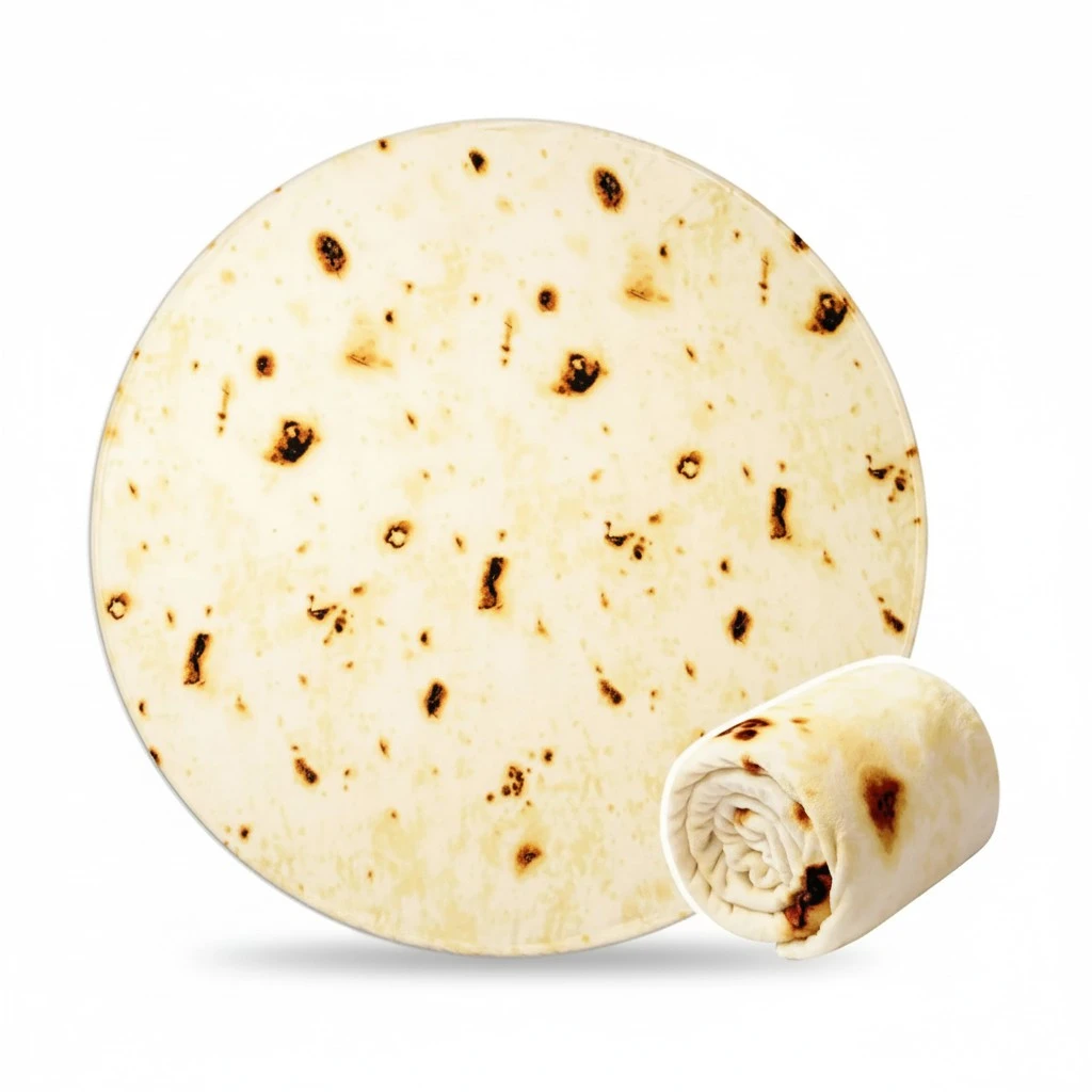 Vessia Burritos Tortilla Blanket Throw Size(Beige,71 inches), Giant Realistic Funny Food Throw for Adults and Kids, 300 GSM Double Sided Soft Novelty Round Taco Blanket