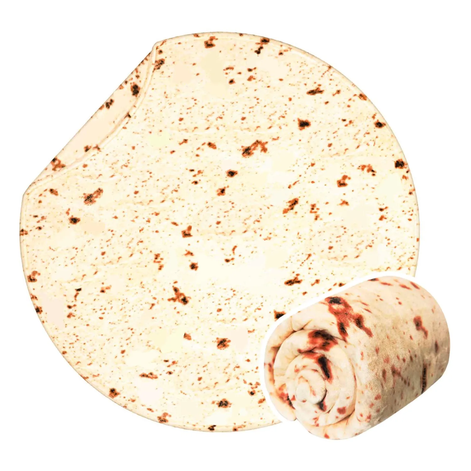 Vessia Burritos Tortilla Blanket Throw Size(Beige,60 inches), Giant Realistic Funny Food Throw for Adults and Kids, 300 GSM Double Sided Soft Novelty Round Taco Home Decor