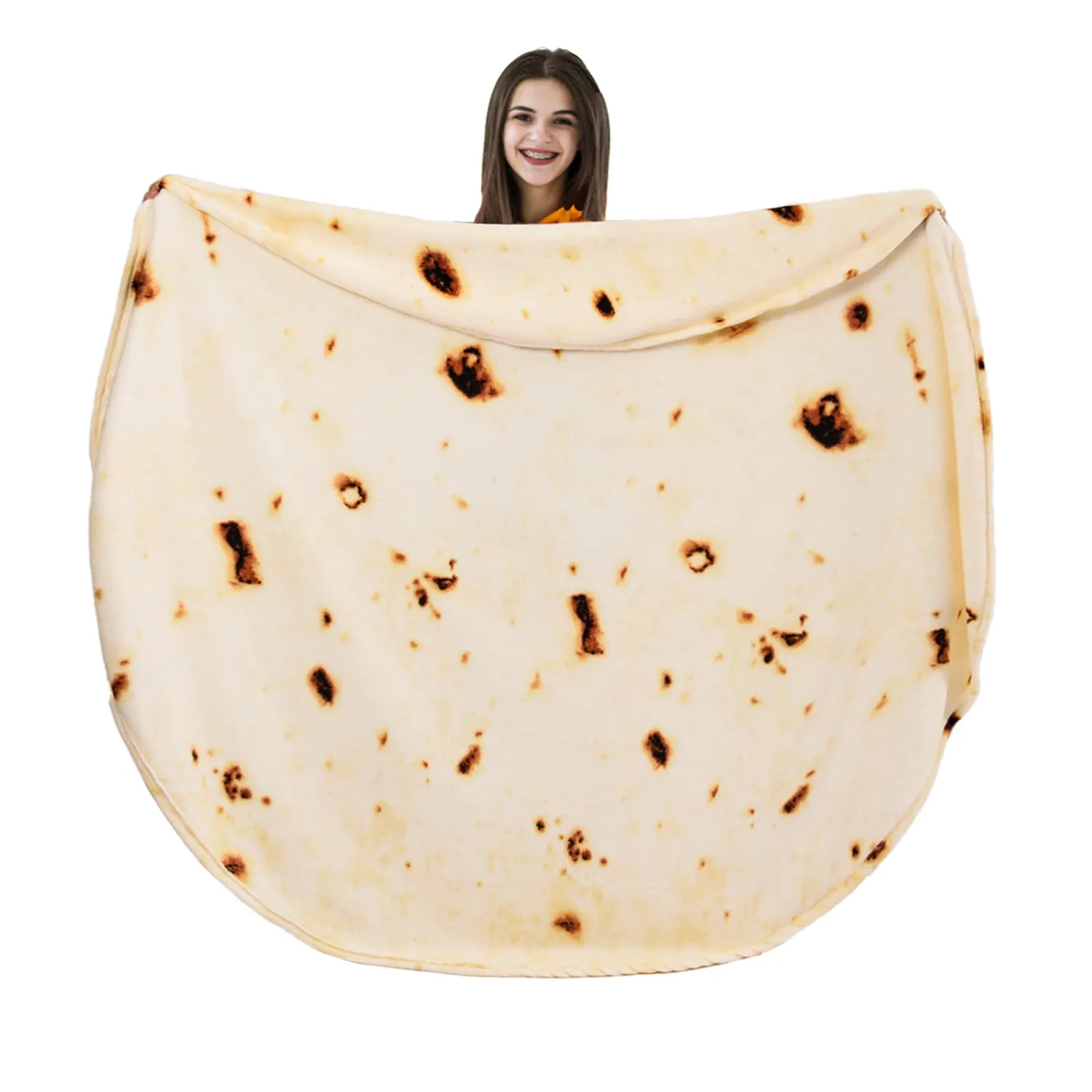 Vessia Burritos Tortilla Blanket Throw Size(Beige,47 inches), Giant Realistic Funny Food Throw for Adults and Kids, 300 GSM Double Sided Soft Novelty Round Taco Blanket