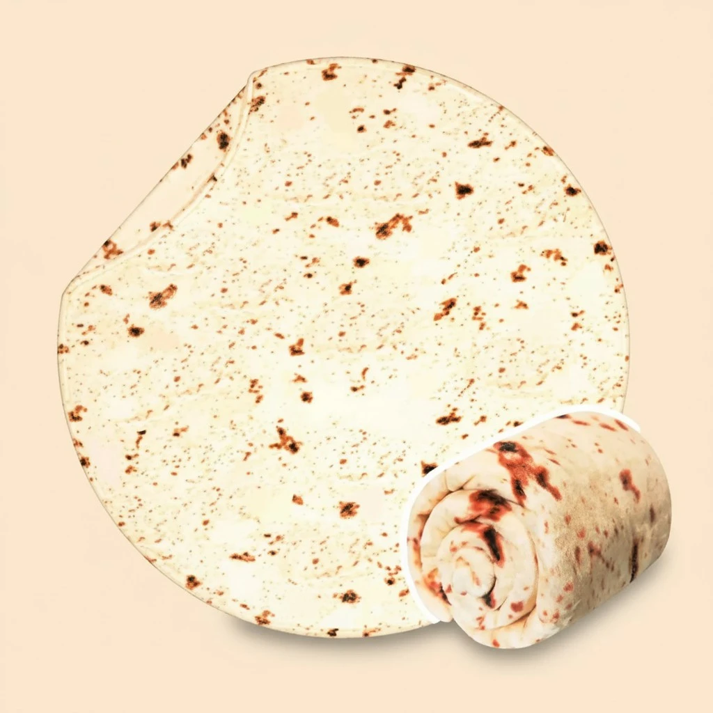 Vessia Burritos Tortilla Blanket Throw Size(Beige,47 inches), Giant Realistic Funny Food Throw for Adults and Kids, 300 GSM Double Sided Soft Novelty Round Taco Home Decor