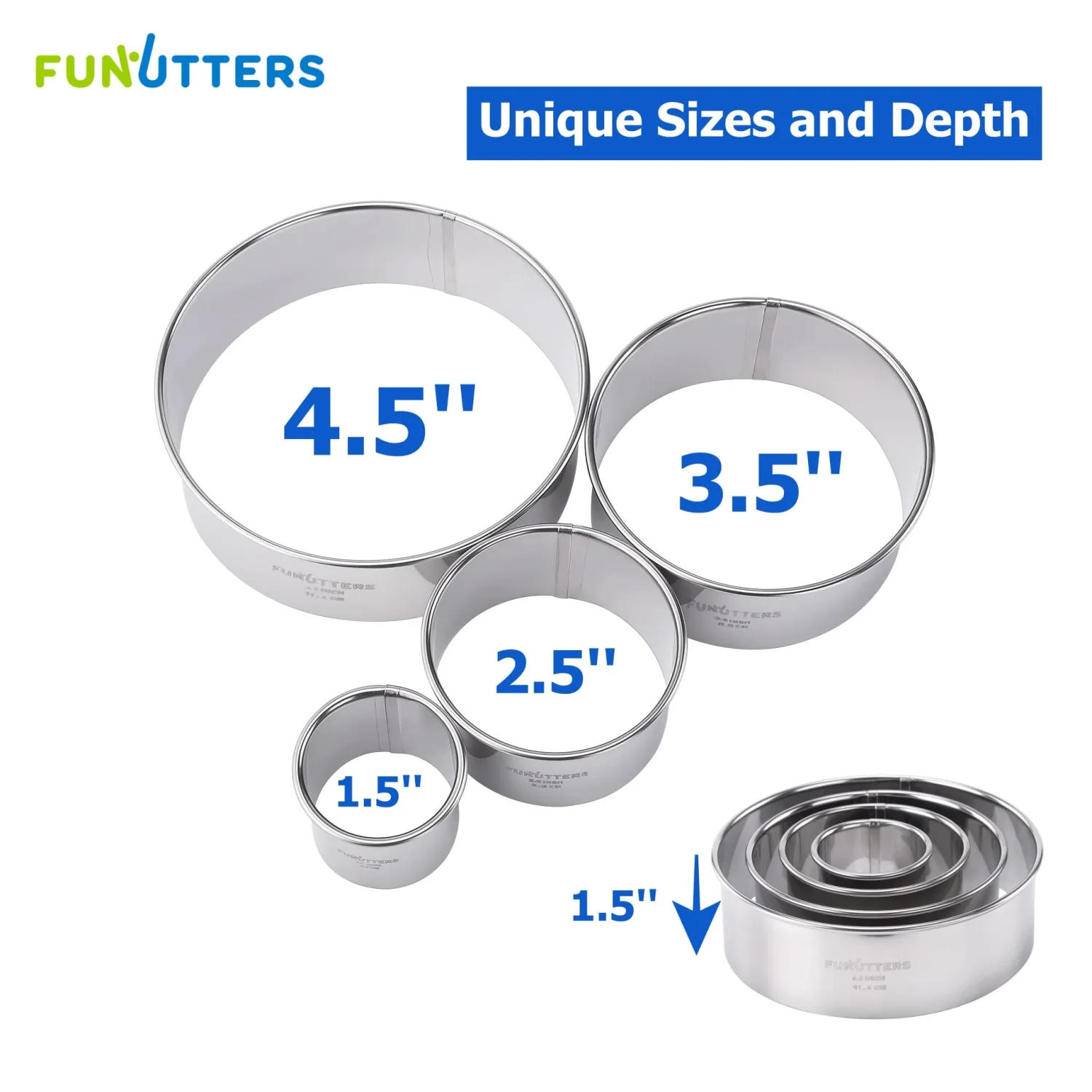 Cookie Cutter Set, 4 Pc. Kit, Measuring 1.5'', 2.5'', 3.5'', and 4.5'', Round Metal Baking Rings for Pastry, Biscuits, and Dough Cutting, Heavy Duty and Reusable, Multiple Sizes