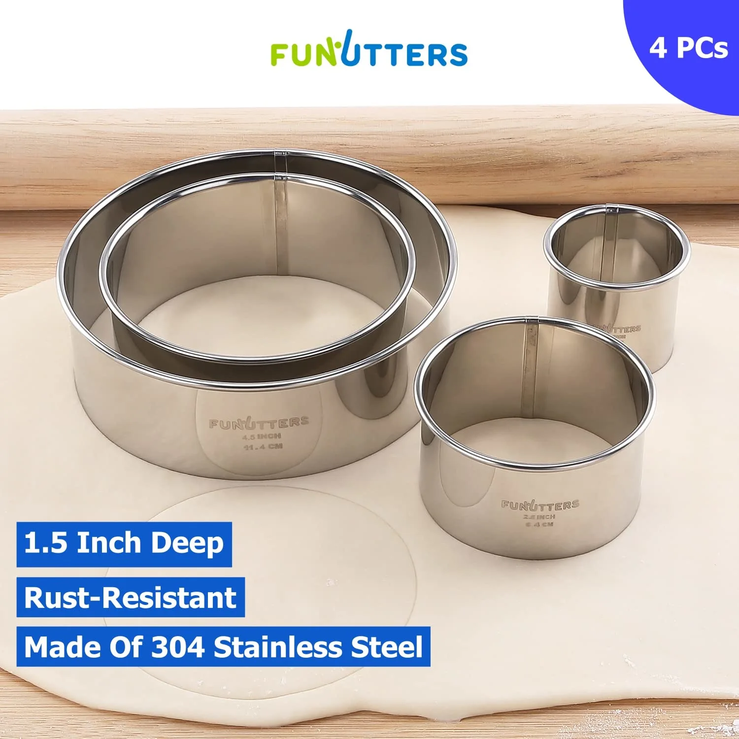 Cookie Cutter Set, 4 Pc. Kit, Measuring 1.5'', 2.5'', 3.5'', and 4.5'', Round Metal Baking Rings for Pastry, Biscuits, and Dough Cutting, Heavy Duty and Reusable, Multiple Sizes