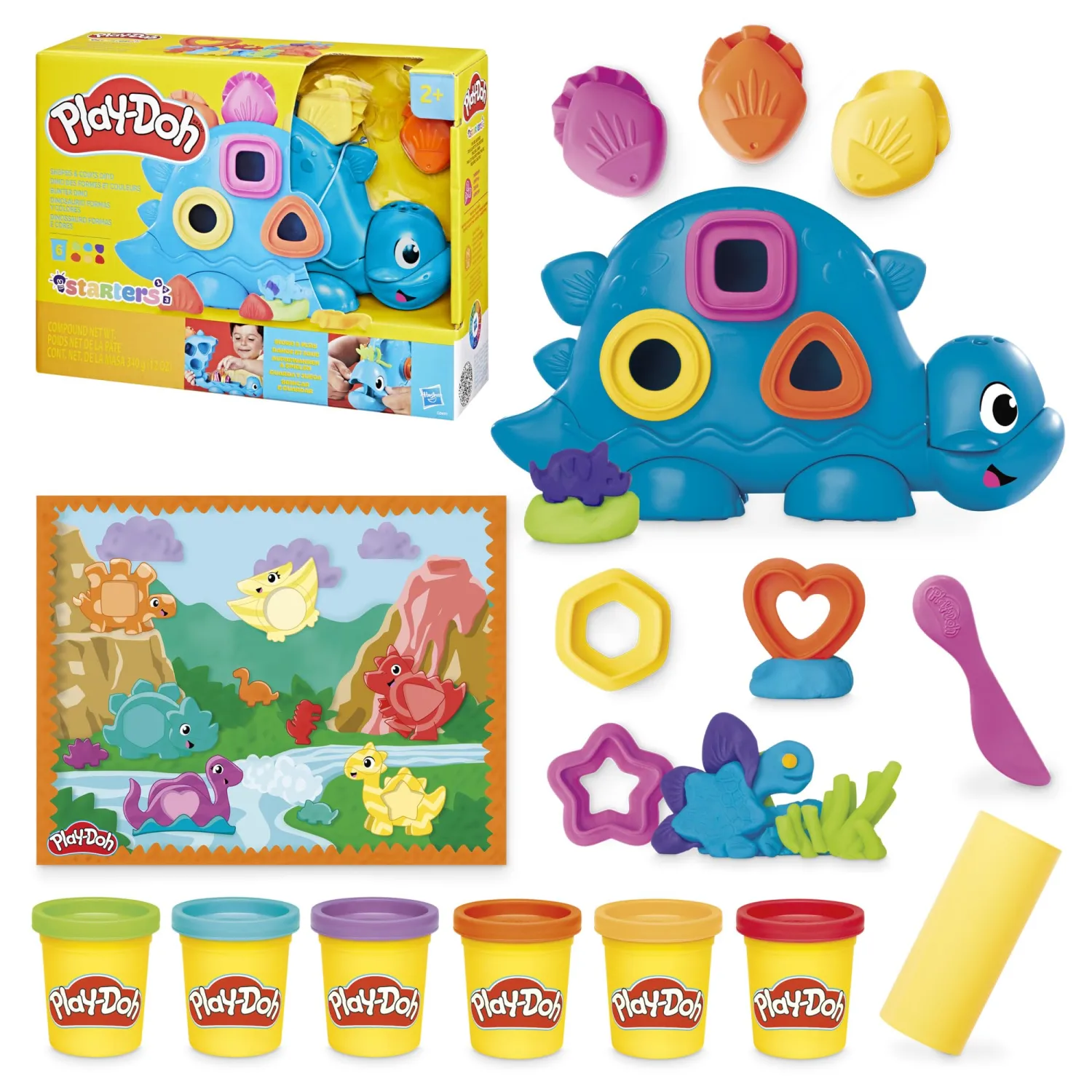 Play-Doh Shapes & Colors Dino Starter Set, Tactile Sensory Play Dinosaur Toys for Kids 2+, 11 Accessories