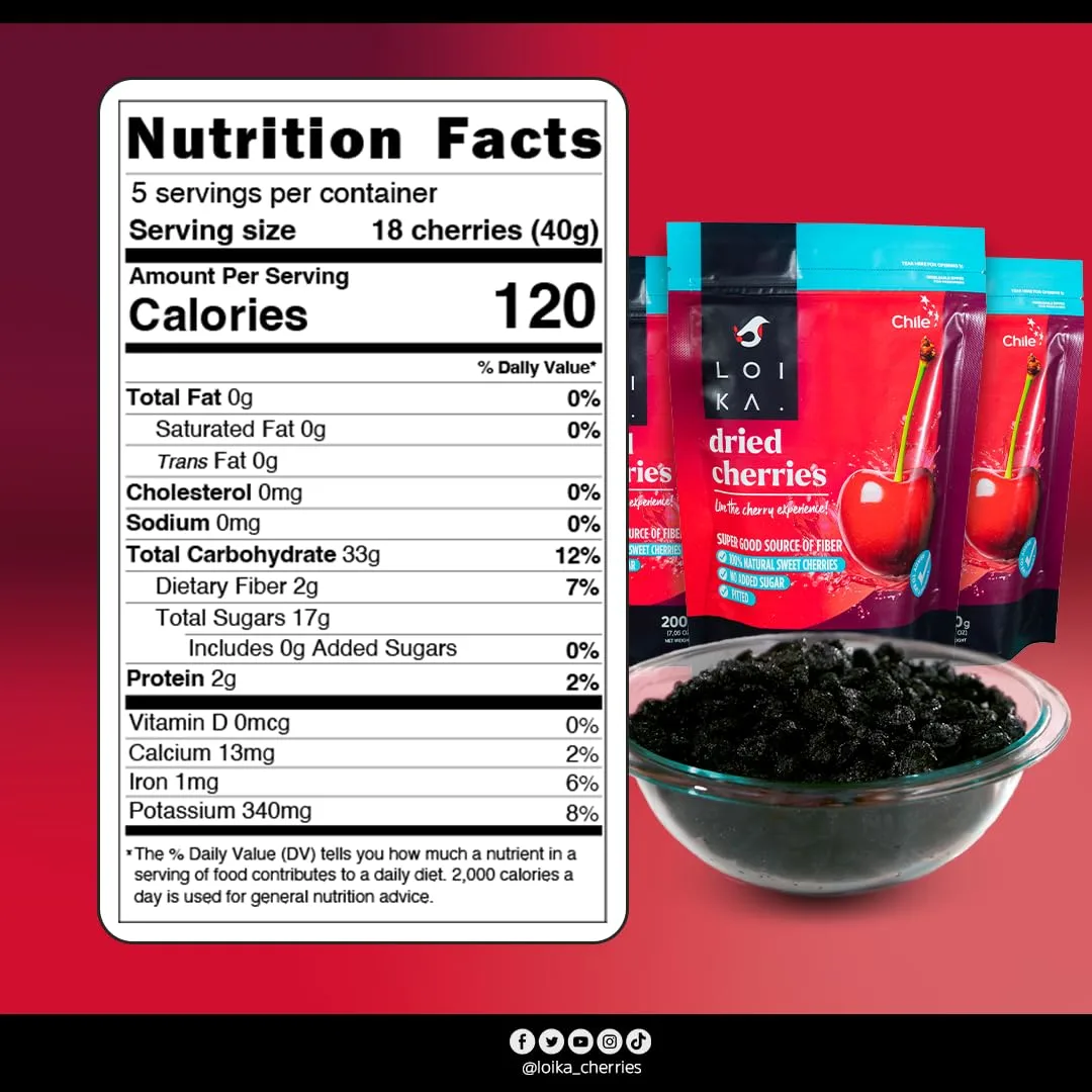 Loika - Dried Sweet Pitted Cherries 7.05 oz 2-Pack – No Added Sugar, No Preservatives, High in Fiber, GMO-Free, Perfect for Snacking & Baking, Just Cherries