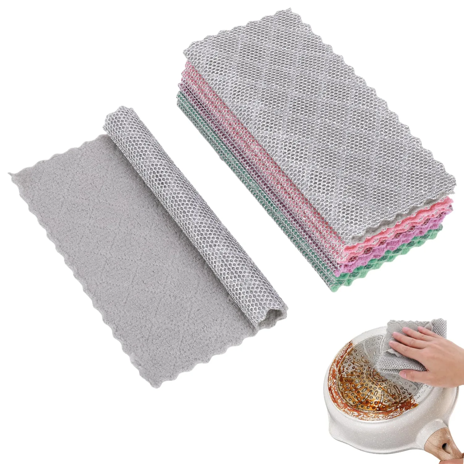 Double-Sided Cleaning Rags - Multipurpose Non Scratch Wire Dishcloth & Microfiber Cleaning Cloths - Reusable Dish Cloth for Kitchen, Car, and Housekeeping - 8-Pack - Gray/Green/Pink/Purple