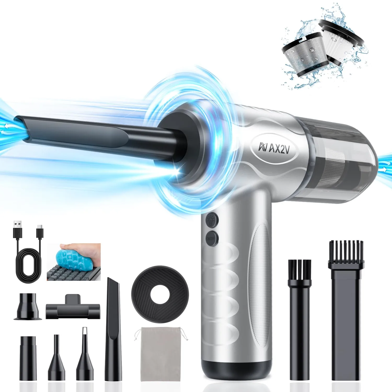4-in-1 Compressed Air Duster, 120000RPM Mini Vacuum Keyboard Cleaner, Air Blower& Pumper, Keyboard Duster with LED Light - Electric Air Duster Cleaner for Computer and Car Deep Cleaning