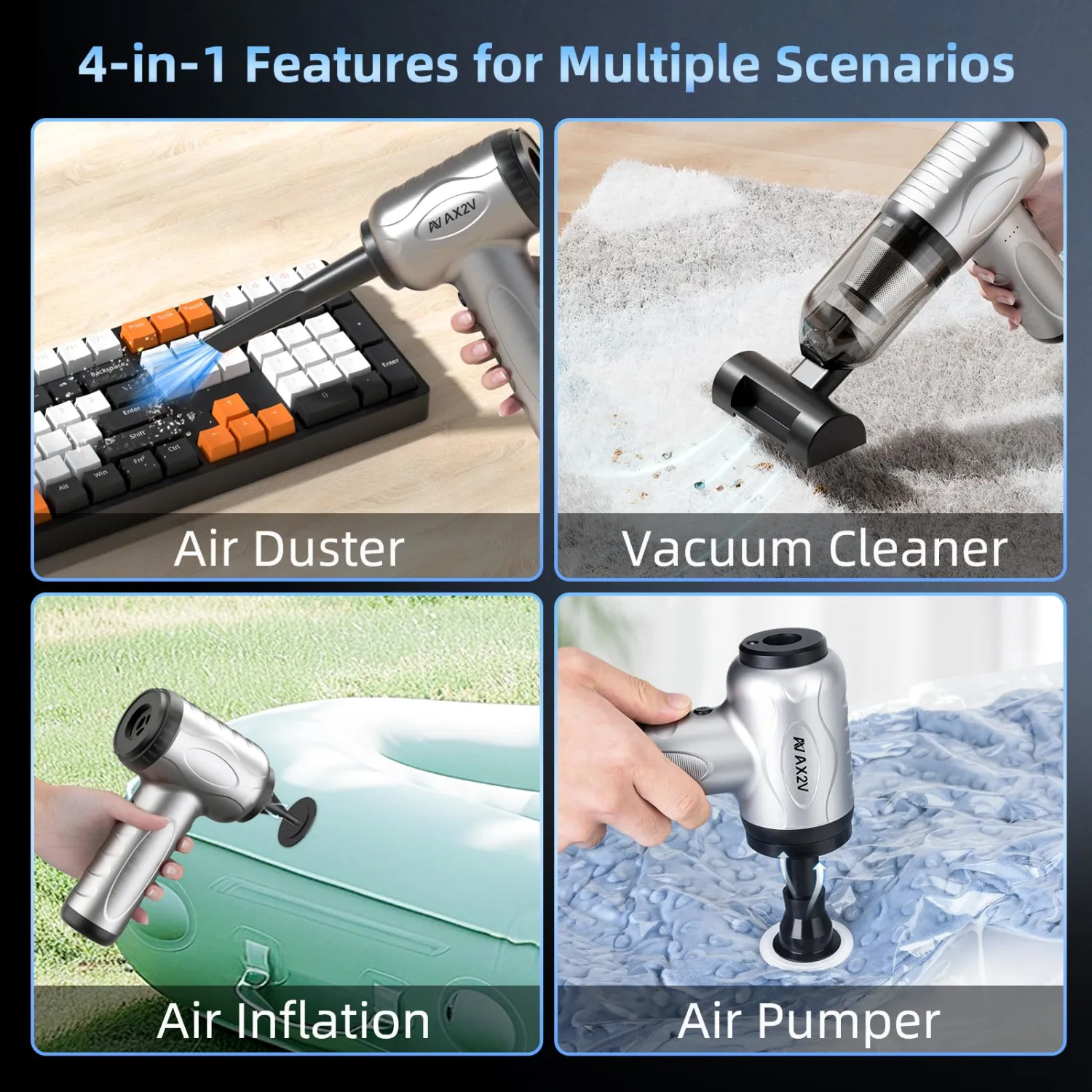4-in-1 Compressed Air Duster, 120000RPM Mini Vacuum Keyboard Cleaner, Air Blower& Pumper, Keyboard Duster with LED Light - Electric Air Duster Cleaner for Computer and Car Deep Cleaning
