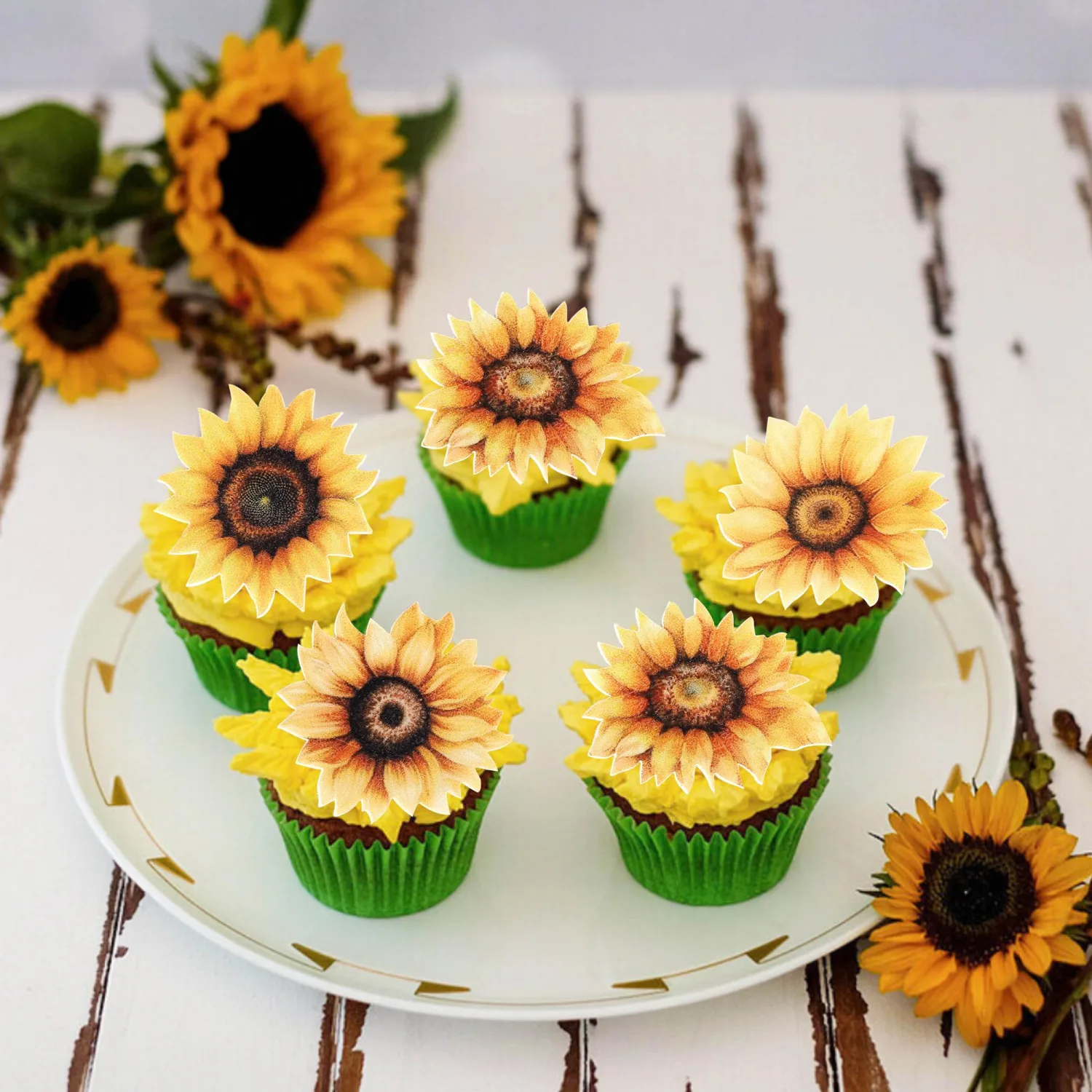60 Pack Edible Sunflower Cupcake Toppers Wafer Paper Beautiful Flower Cake Picks for Wedding Birthday Theme Baby Shower Party Cake Decorations Supplies Yellow