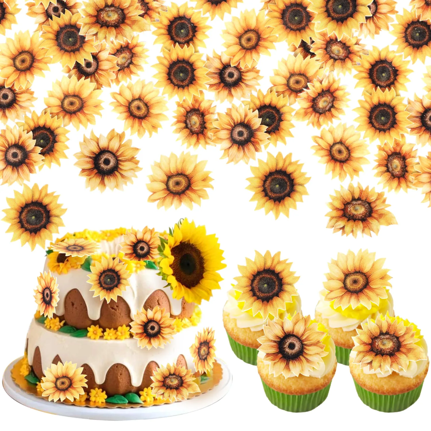 60 Pack Edible Sunflower Cupcake Toppers Wafer Paper Beautiful Flower Cake Picks for Wedding Birthday Theme Baby Shower Party Cake Decorations Supplies Yellow