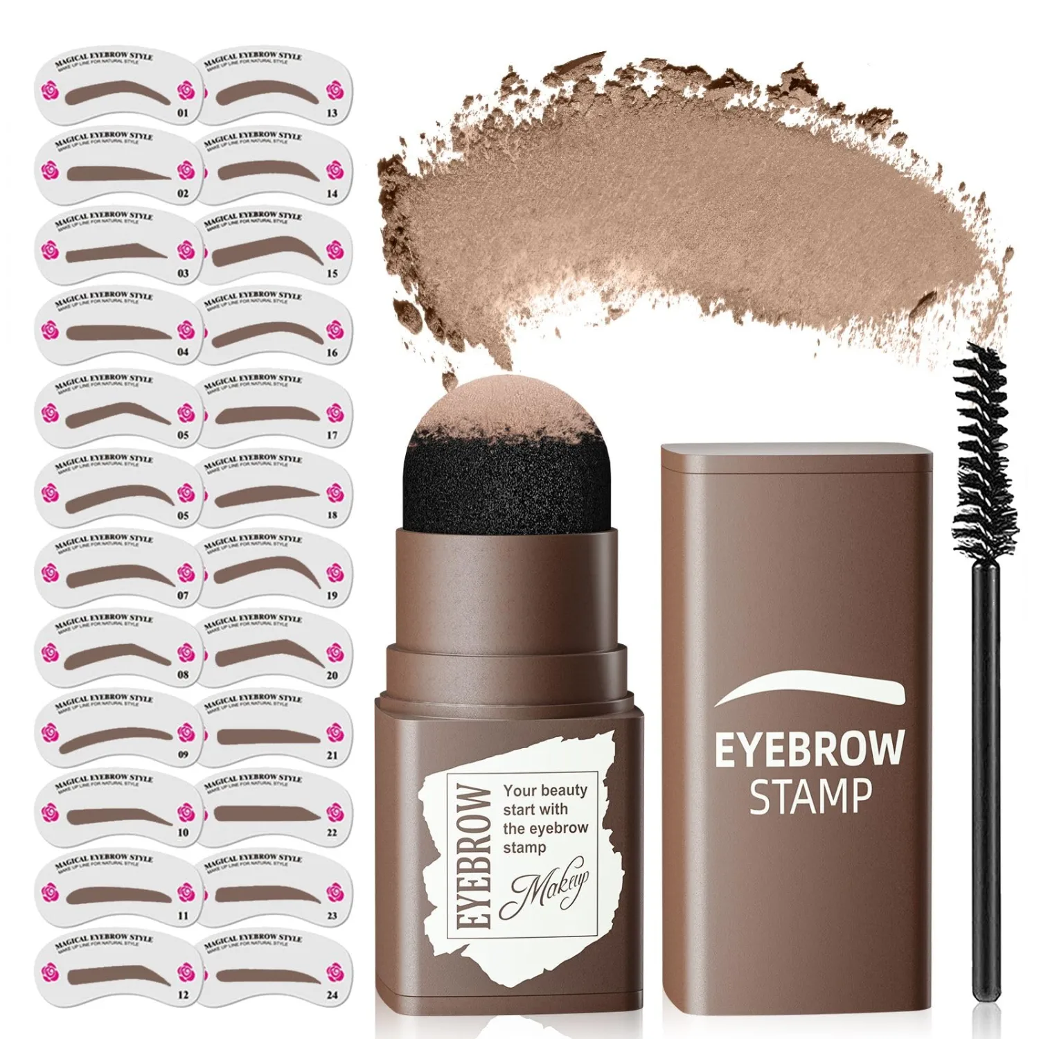 Eyebrow Stamp Stencil Kit - Long-Lasting Eyebrow Powder with Blush, Waterproof & Smudge-Proof Brow Shaping Kit with 24 Reusable Thin & Thick Eyebrow Stencils for Voluminous Brow (Light Brown)