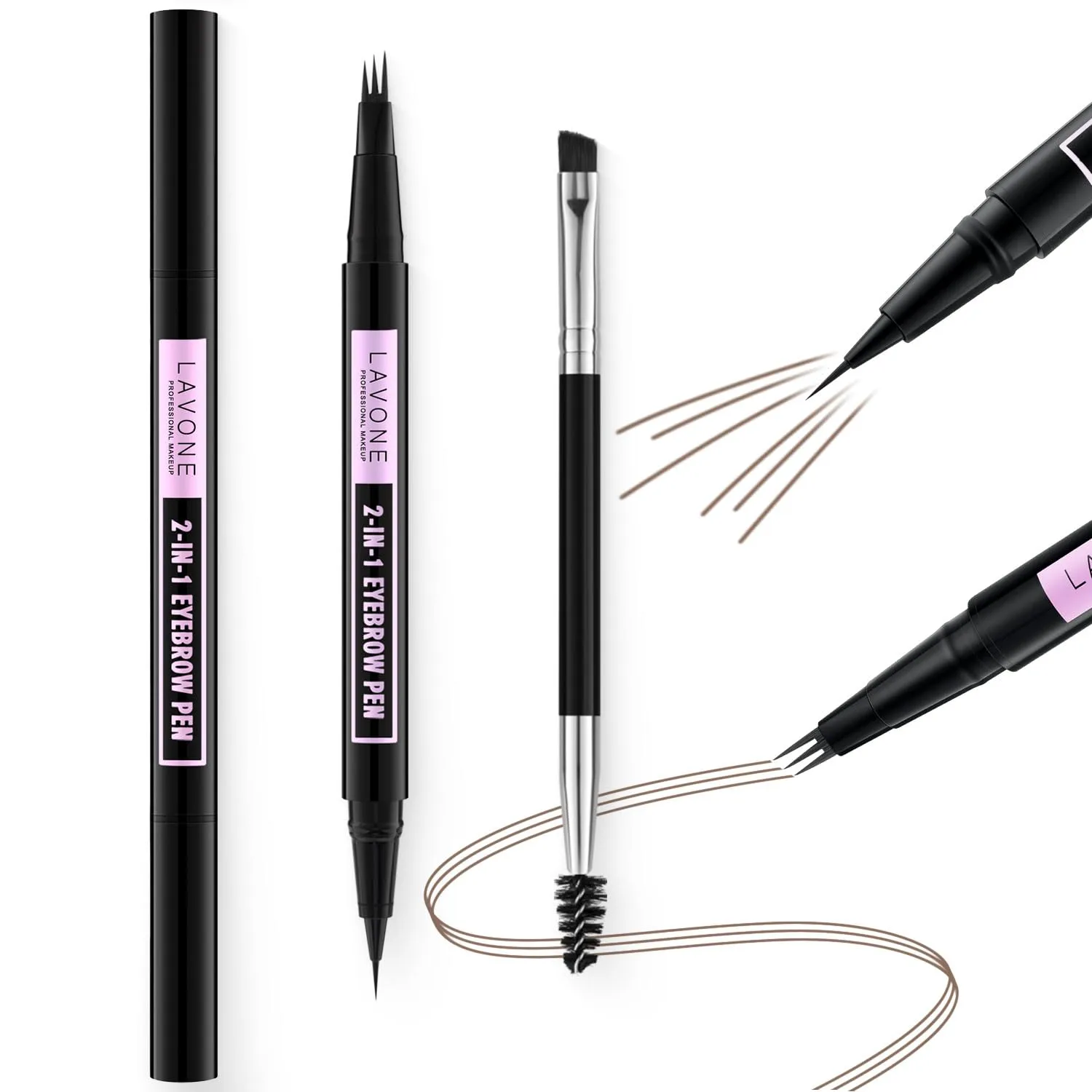 LAVONE Eyebrow Pencil, 2-In-1 Waterproof Eyebrow Pen, with 3 Tip Microblading Eyebrow Pen and Ultra-Precise Brow Pencil, Dual-ended Eyebrow Brush, for Eyebrow Makeup - Dark Brown