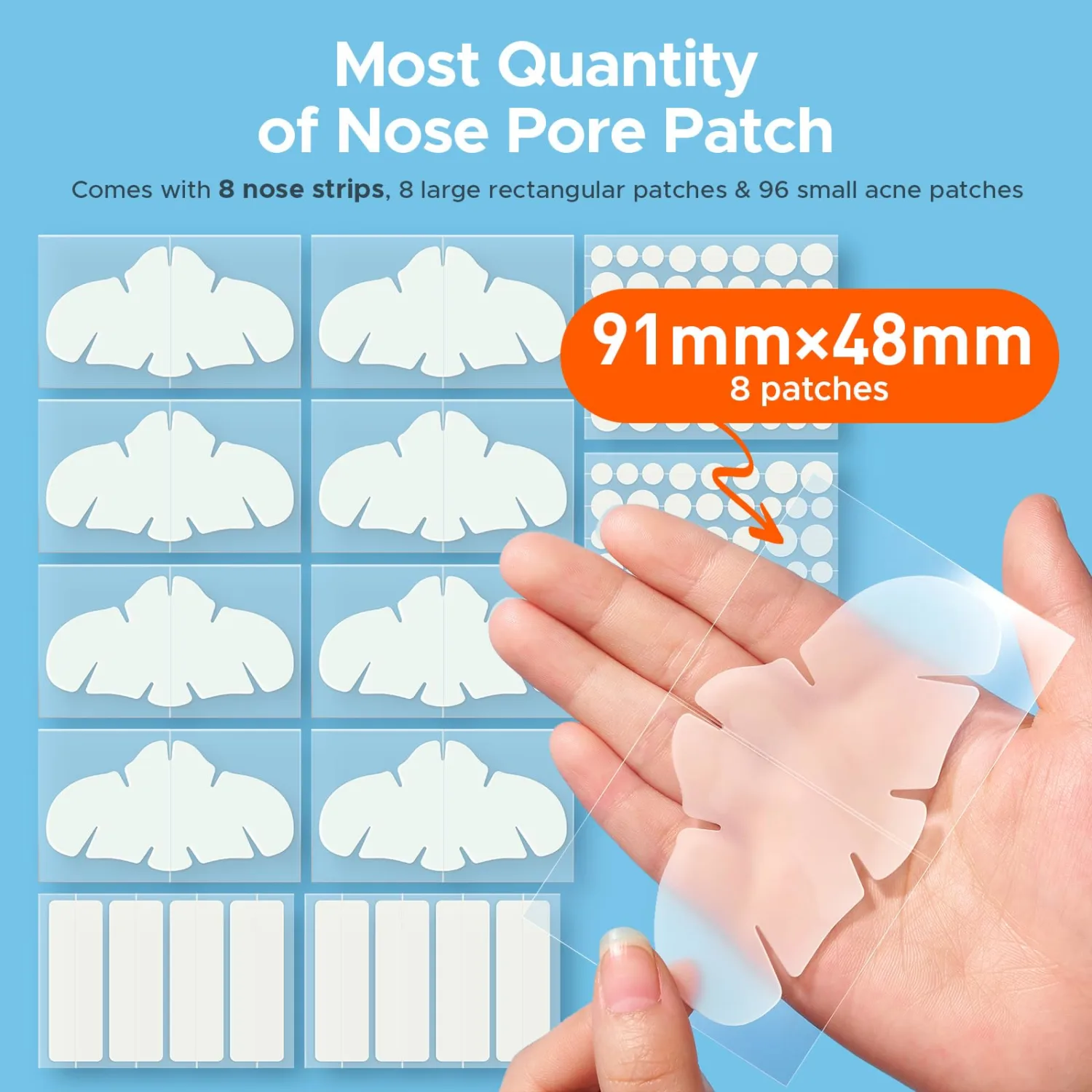 Hydrocolloid Nose Patches, XL Nose Pore Strips 91 x 48 mm, Large Hydrocolloid Acne Pimple Patches for Face, Cover Zit Blemishes & Absorb Oil (Nose Contoured, Strip, Dots 5 Sizes 112 Count)