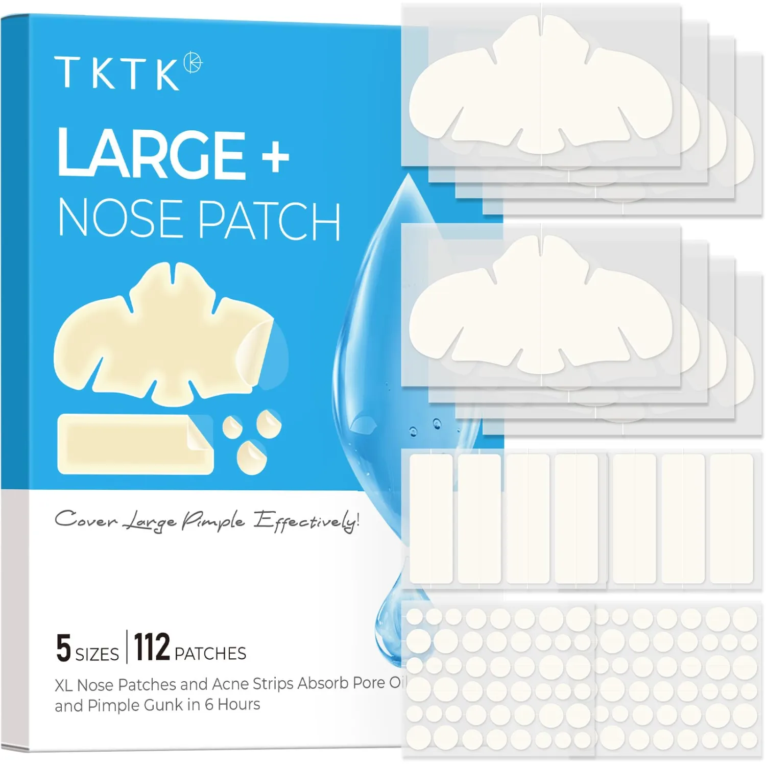 Hydrocolloid Nose Patches, XL Nose Pore Strips 91 x 48 mm, Large Hydrocolloid Acne Pimple Patches for Face, Cover Zit Blemishes & Absorb Oil (Nose Contoured, Strip, Dots 5 Sizes 112 Count)