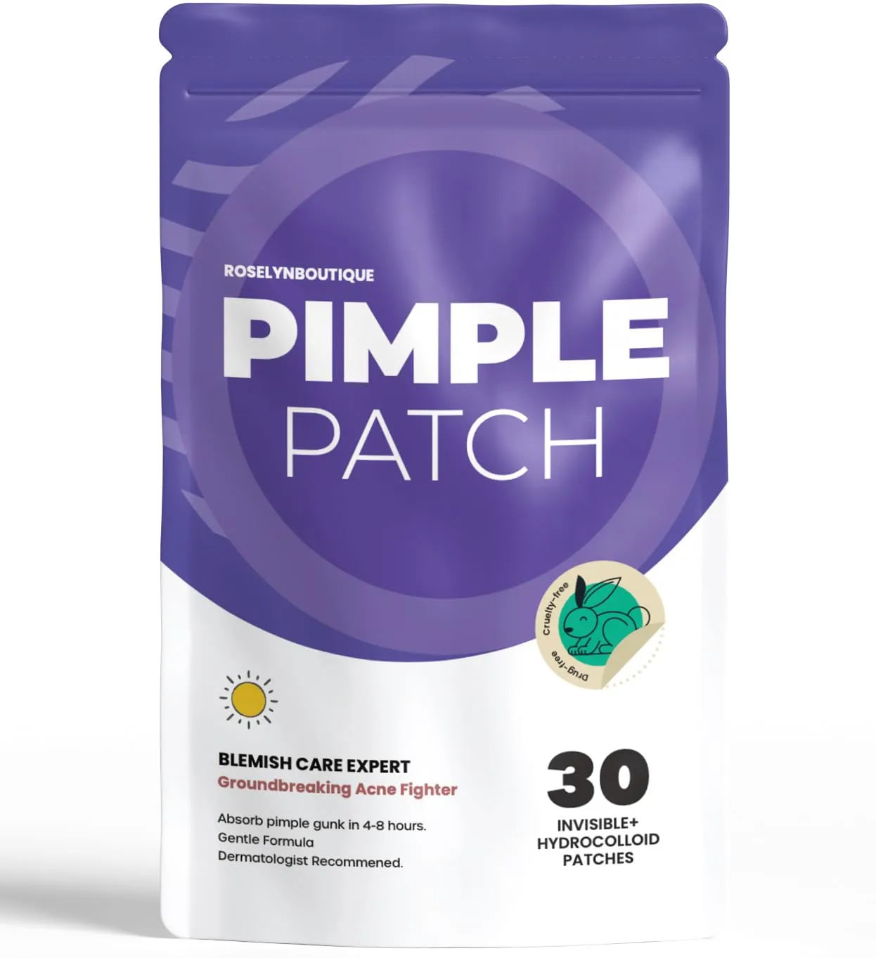 ROSELYNBOUTIQUE Pimple Patches for Face - Hydrocolloid Acne Patches For Zits Blemishes Pore Strips - Vegan Cruelty-Free Skincare Products Skin-Friendly (30 UltraThin 0.1mm)