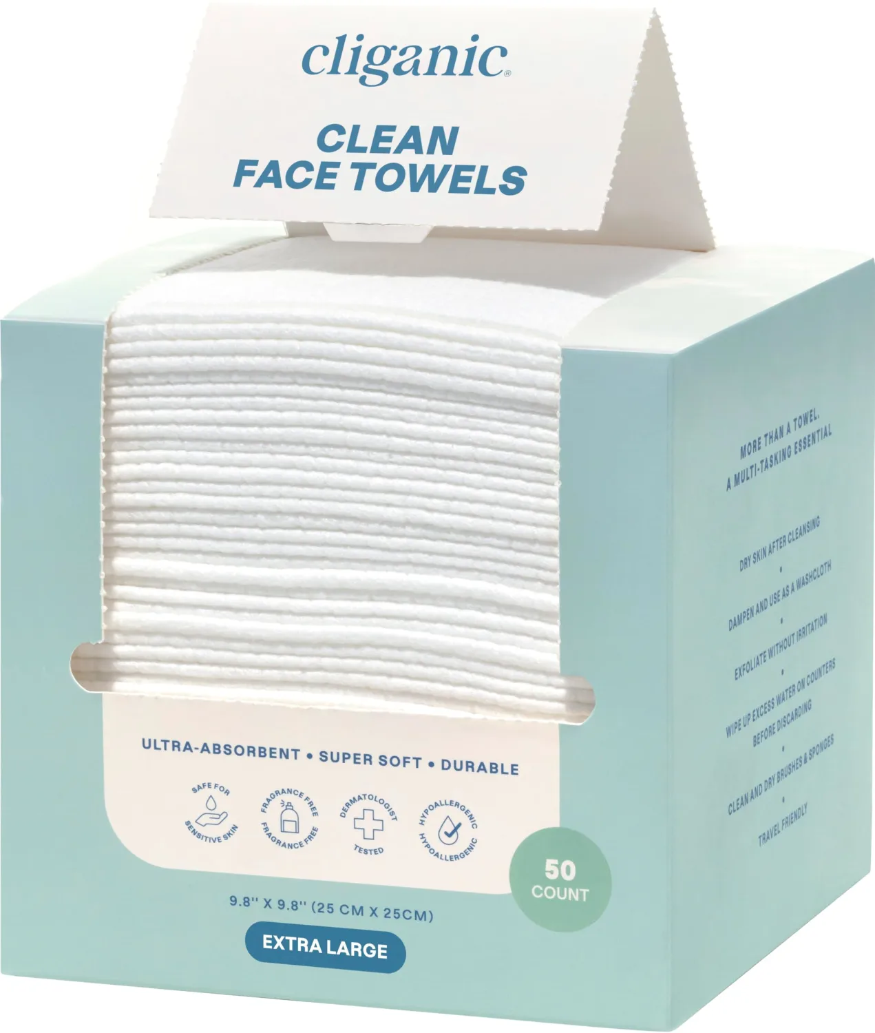 Cliganic Clean Face Towels XL, Disposable, Ultra-Absorbent, Hypoallergenic & Soft - Makeup Remover Dry Wipes, Pamper Your Face, Feel Fresh & Radiant, Hygienic Alternative, for All Skin Types (50 Ct)