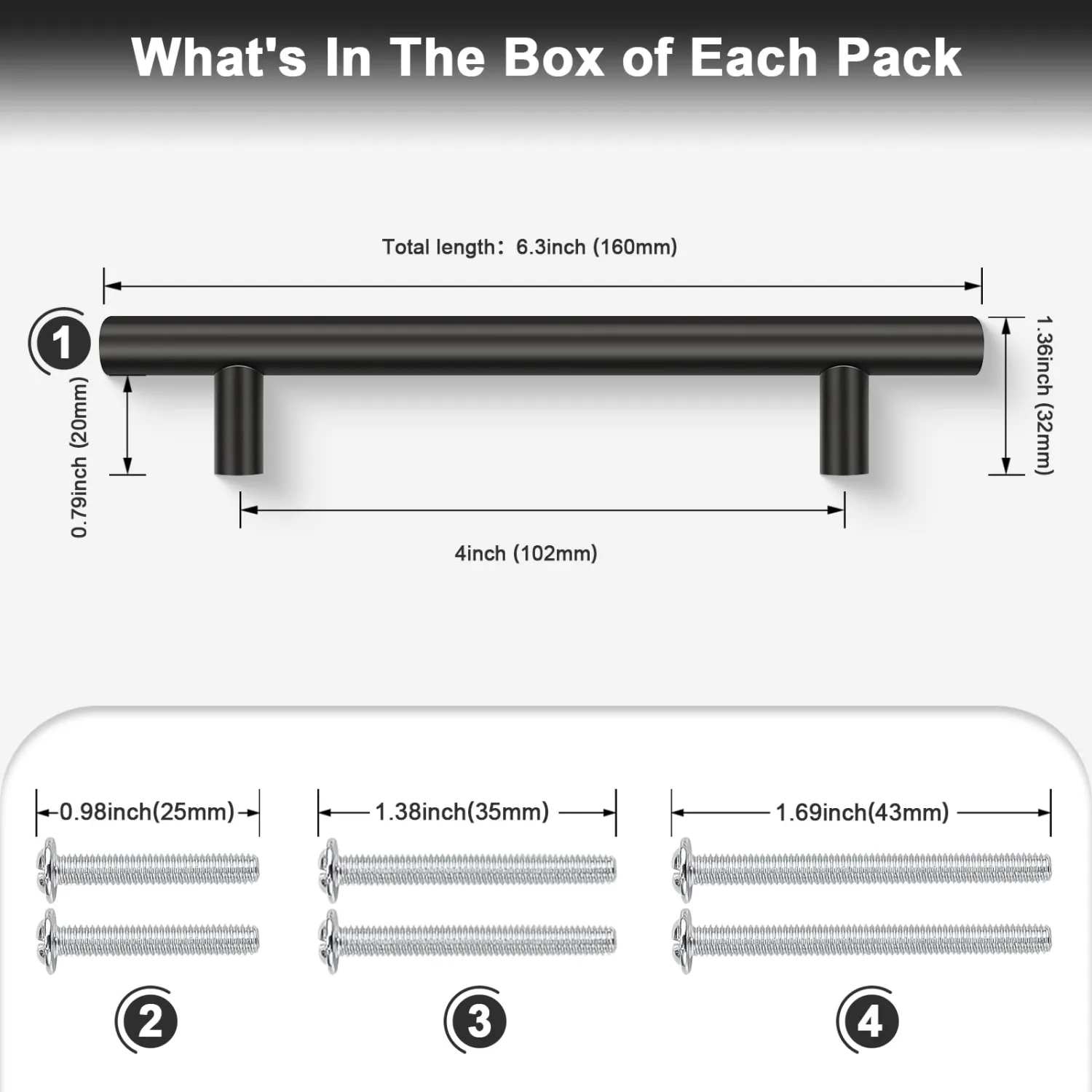 Probrico 1 Pack Hole Centers (102mm) 4inch Matte Black Cabinet Handles,Stainless Steel Dresser Drawer Pulls,Euro Pull Handle for Kitchen Cabinets 6.37inch Length