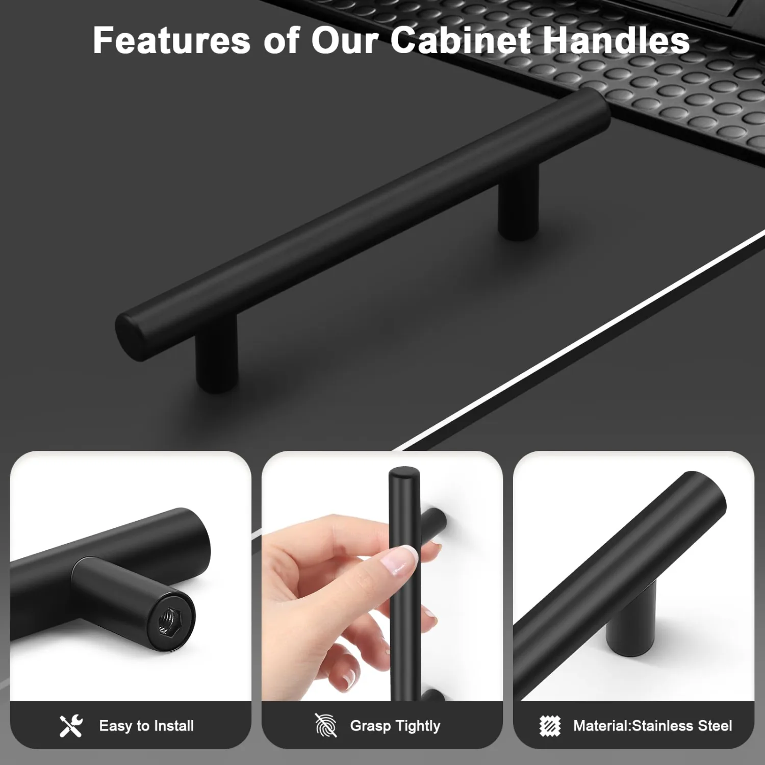 Probrico 1 Pack Hole Centers 3.75inch Flat Black Kitchen Cabinet Handles, Stainless Steel Dresser Drawer Pulls, Modern T Bar 6inch Length Pull Handle for Closet