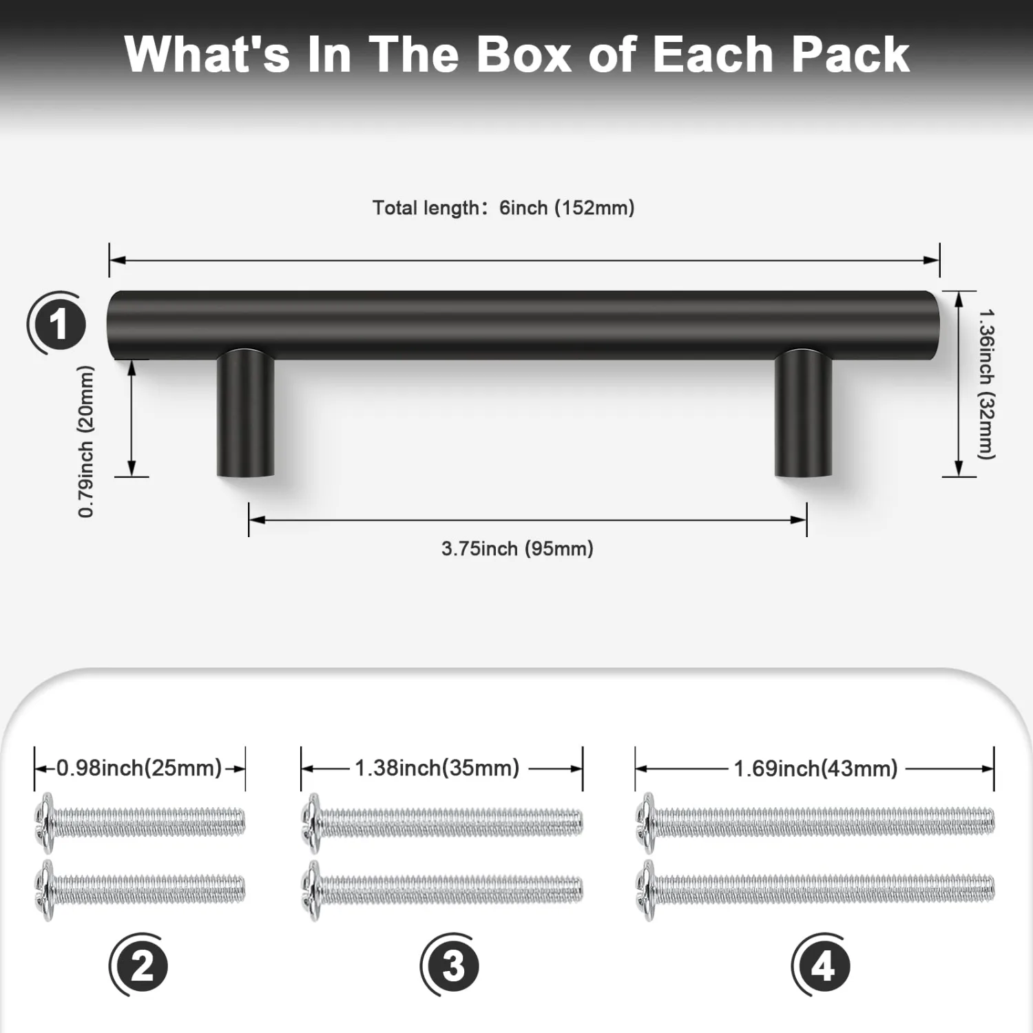 Probrico 1 Pack Hole Centers 3.75inch Flat Black Kitchen Cabinet Handles, Stainless Steel Dresser Drawer Pulls, Modern T Bar 6inch Length Pull Handle for Closet