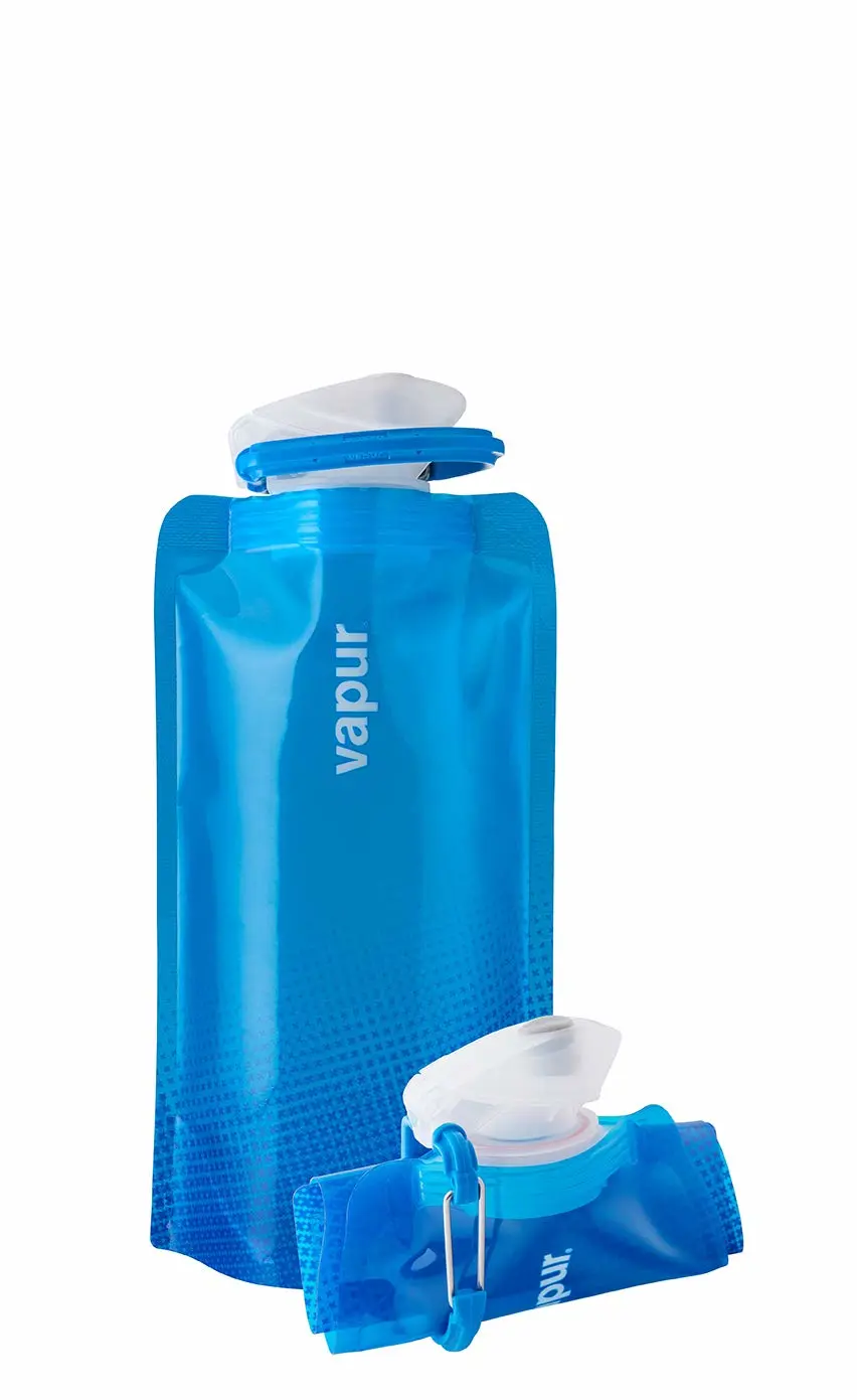 Vapur Collapsible Water Bottle With Carabiner, Compact Bottle Folds Flat For Hydration On The Go, Ideal for Traveling, Hiking or Camping, 16 Ounce, Cyan Blue, Pack of 1