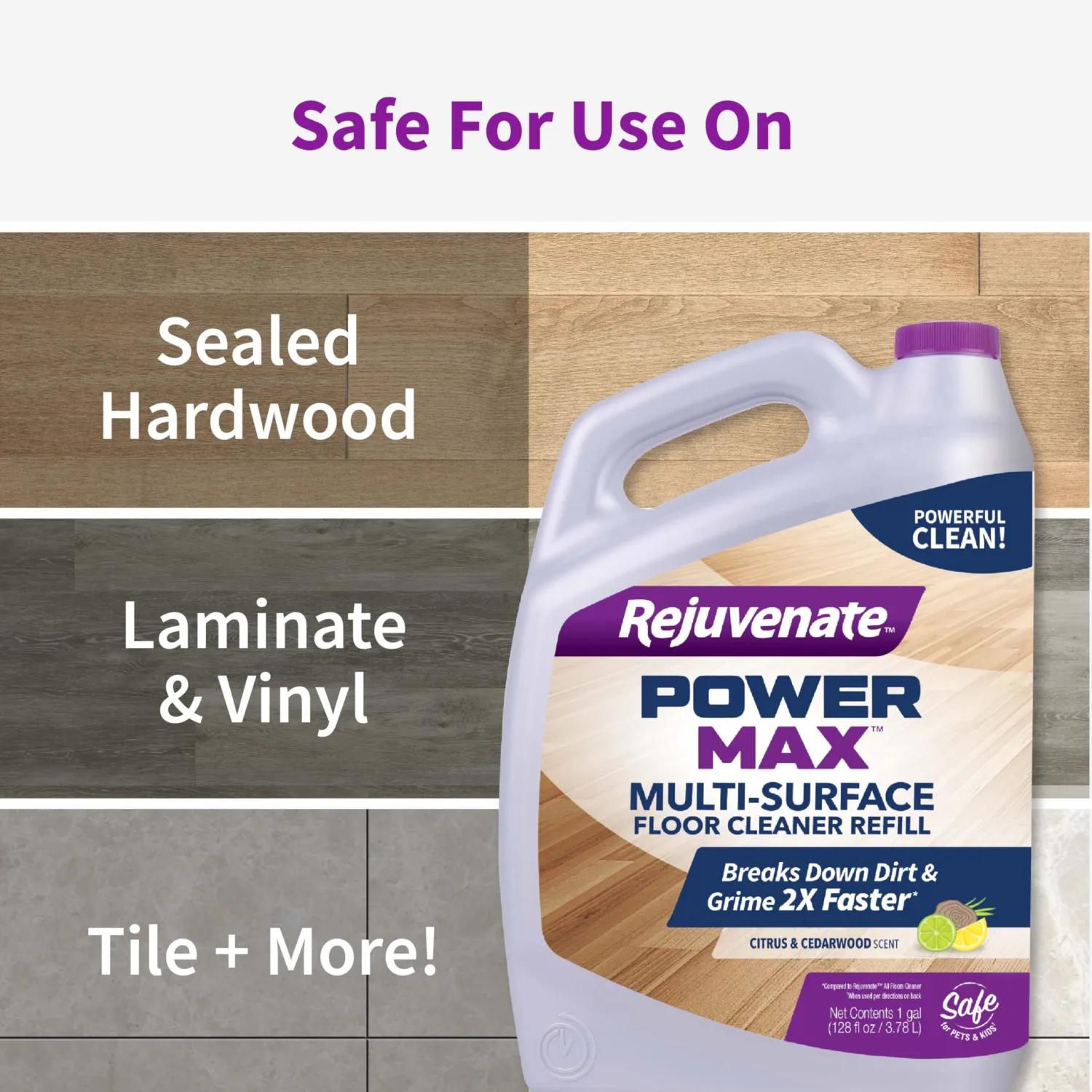 Rejuvenate PowerMax Multi-Surface Floor Cleaner, 128 Ounces, Breaks Down Dirt And Grime On Sealed Hardwood, Tile, Vinyl, Laminate To Deliver A Powerful, Deep Clean With Citrus And Cedarwood Scent