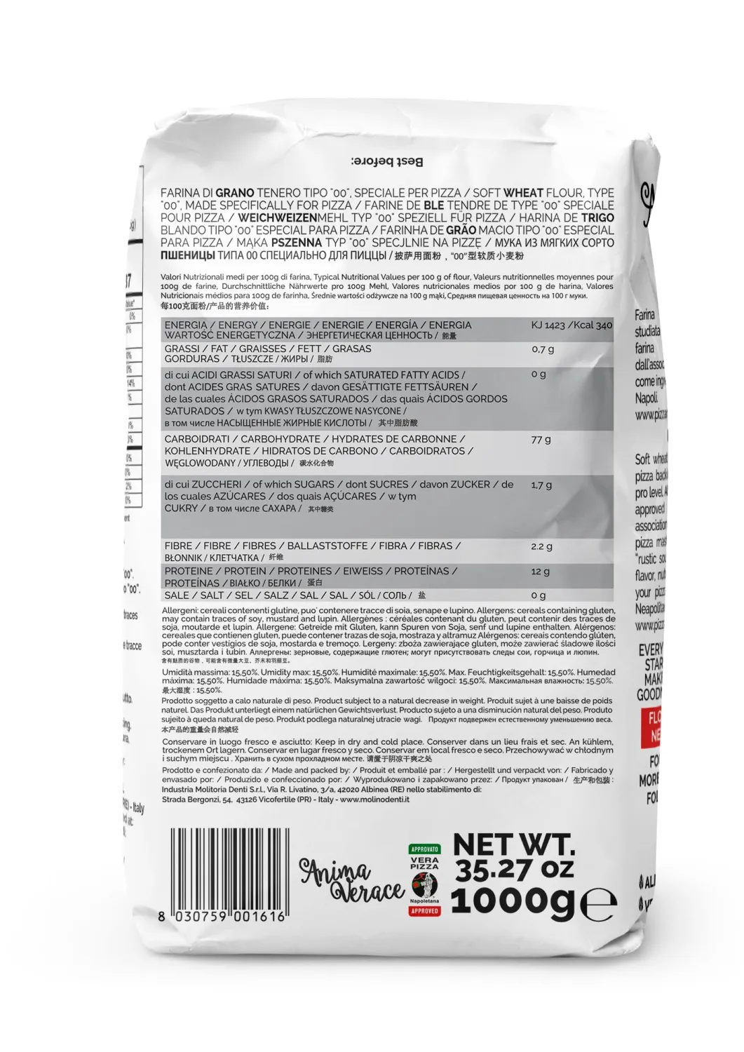 Anima Verace - Flour for Pizza Napoletana (00 Pizza Flour, Non-GMO, Kosher, All Natural, UnBleached, 100% Italian Soft Wheat) 2.2 Lb.