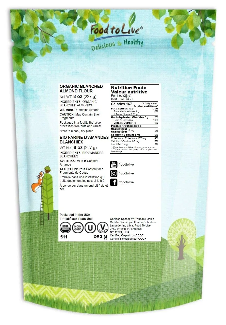 Organic Almond Flour, 8 Ounces — Extra Fine Blanched Prime Meal, Non-GMO, Low Carb, Culinary Grade, Kosher, Keto, Paleo and Vegan Super Powder, Bulk