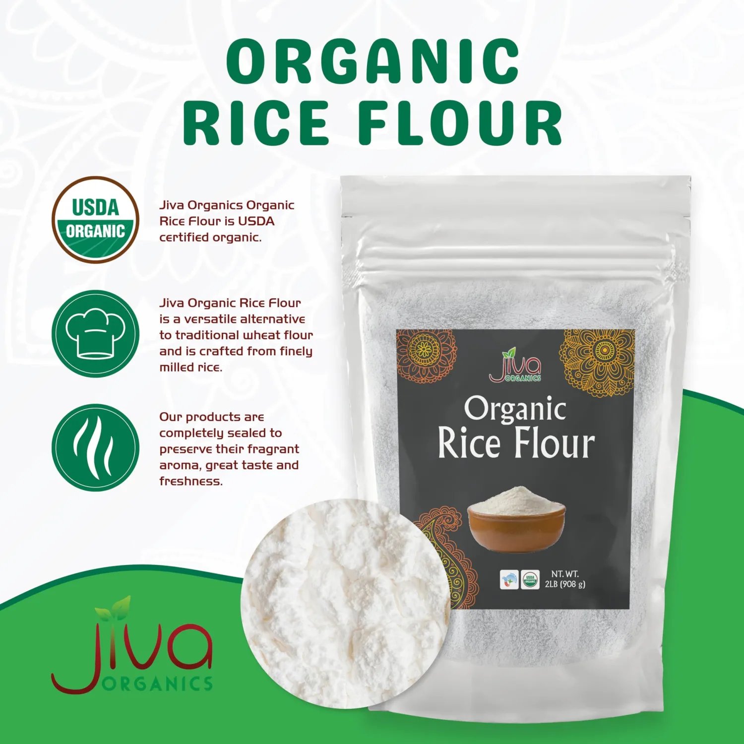 Jiva Organics Premium White Rice Flour 2 LB Bag - Gluten Free, Non GMO