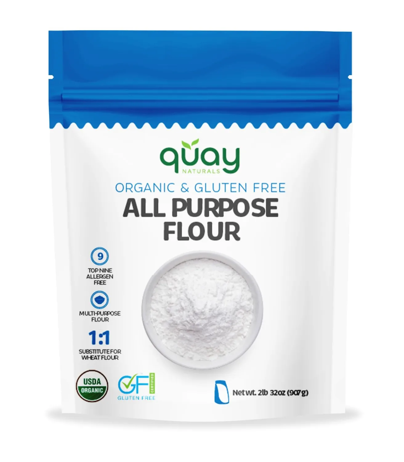 Quay Naturals Organic & Gluten Free All Purpose Flour - Multipurpose Flour - 2 Pounds, No Grit , Wholesome Certified Gluten Free, 1:1 Whole Wheat Substitution, Dairy Free, Non-GMO, Kosher, Made in the USA