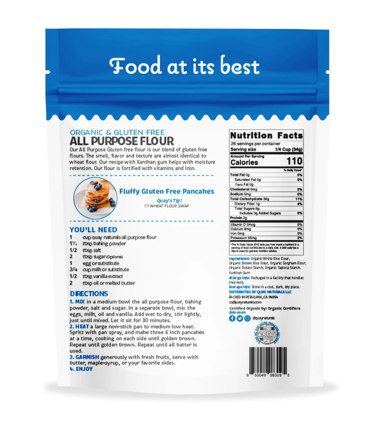 Quay Naturals Organic & Gluten Free All Purpose Flour - Multipurpose Flour - 2 Pounds, No Grit , Wholesome Certified Gluten Free, 1:1 Whole Wheat Substitution, Dairy Free, Non-GMO, Kosher, Made in the USA