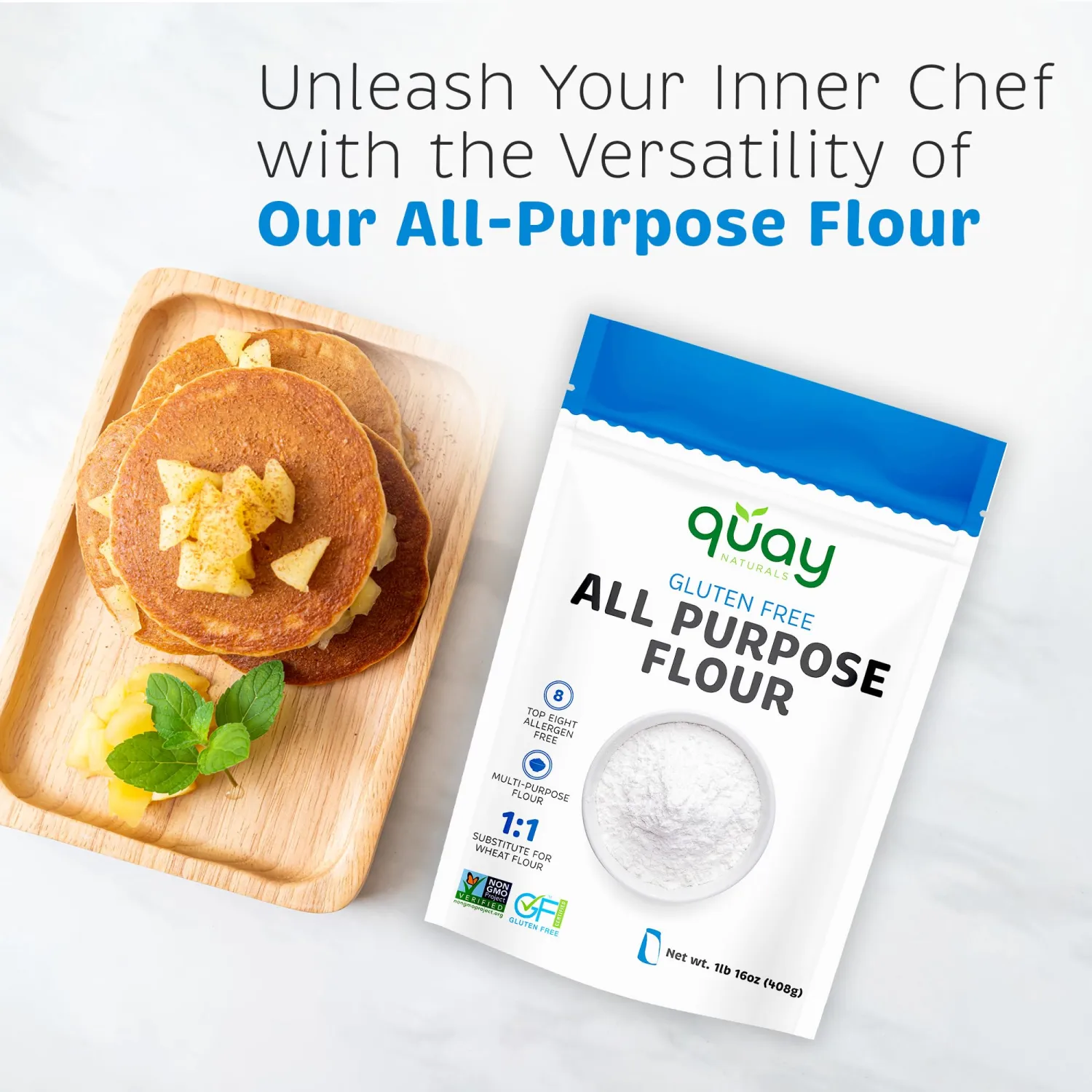 Quay Naturals Organic & Gluten Free All Purpose Flour - Multipurpose Flour - 2 Pounds, No Grit , Wholesome Certified Gluten Free, 1:1 Whole Wheat Substitution, Dairy Free, Non-GMO, Kosher, Made in the USA
