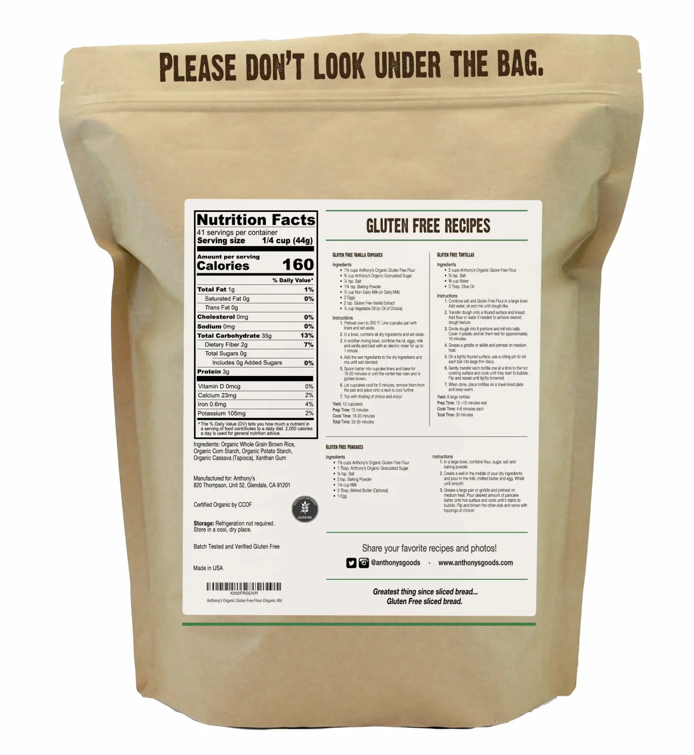 Anthony's Organic Gluten Free Flour, 4 lb, Multipurpose 1 to 1 Baking Flour, Non Dairy, Product of USA