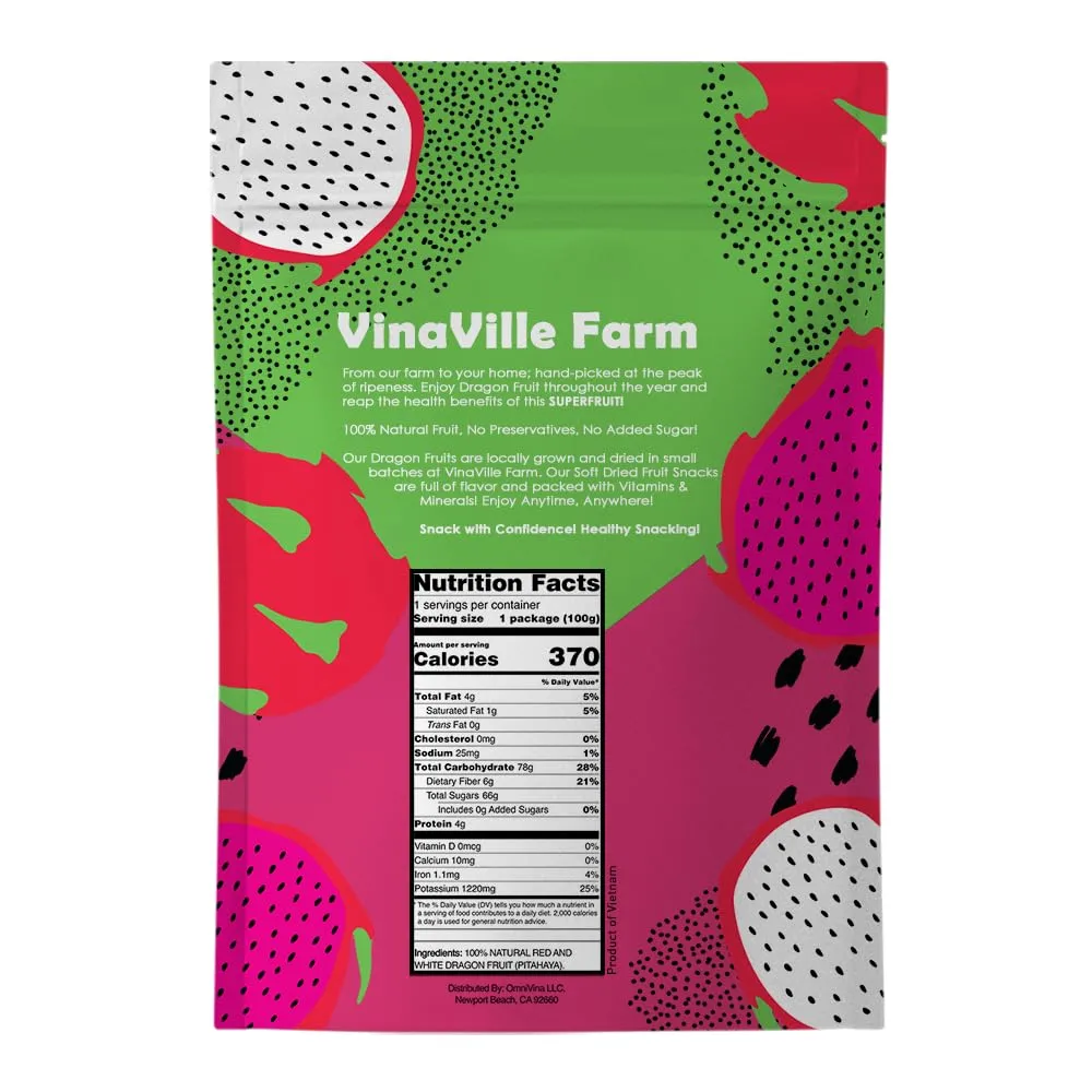 Vinaville Farm Soft Dried Dragon Fruit, 100% Fruit, No Added Sugar, Red + White Super Food 3.5oz (100gr).
