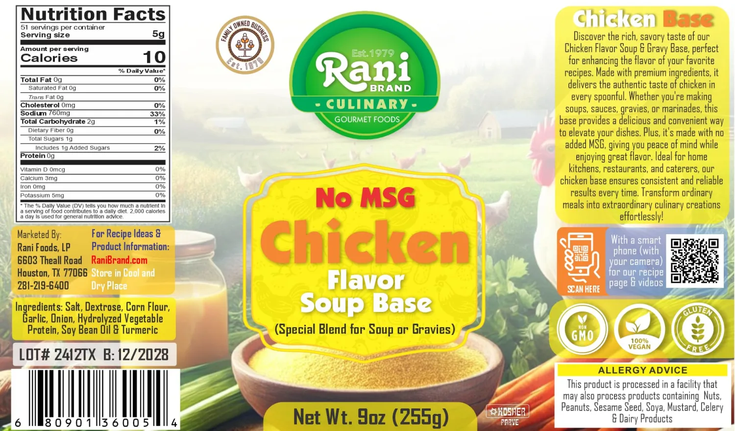 Rani Premium Chicken Base (Special Blend for Soup or Gravies) 9oz (255g) PET Jar ~ All Natural | Gluten Friendly | NON-GMO | Kosher | Vegan | Product of USA