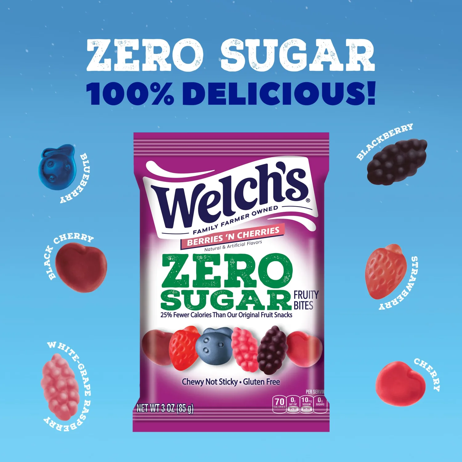Welch's Zero Sugar Fruity Bites, Berries 'n Cherries Snack Pack, Gluten Free & Sugar Free Snacks, 3oz Snack Pack (Pack of 1)