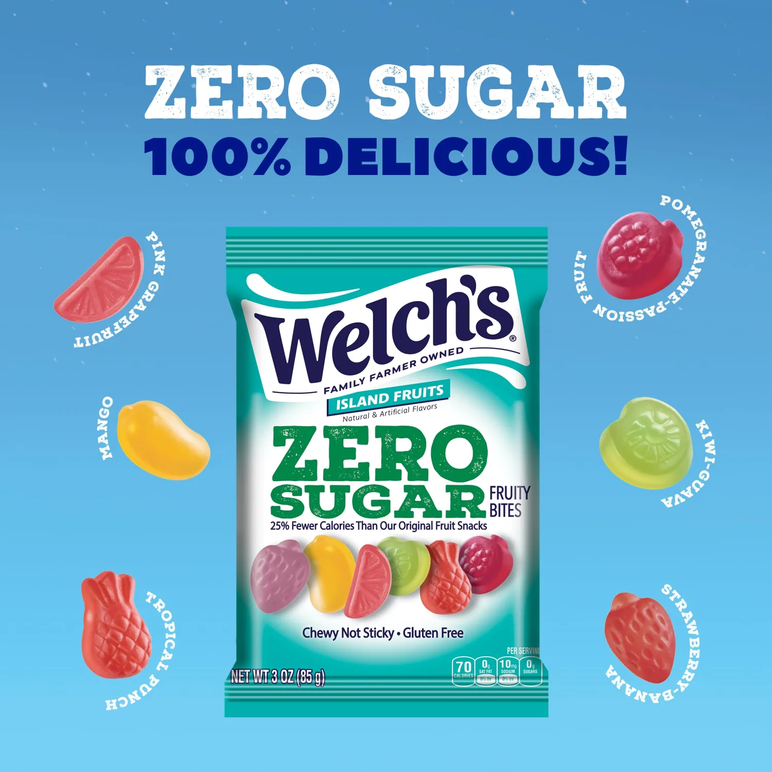 Welch's Zero Sugar Fruity Bites, Island Fruits Snack Pack, Gluten Free & Sugar Free Snacks, 3oz Snack Pack (Pack of 1)