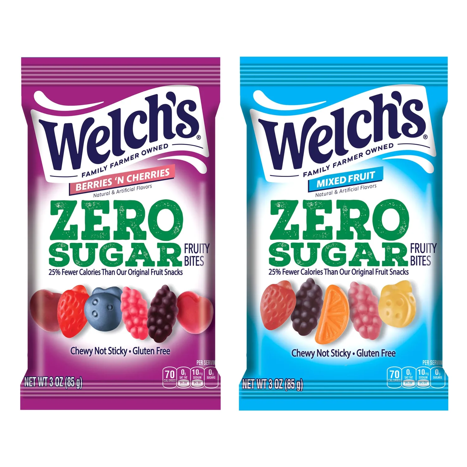 Welch’s Zero Sugar Fruity Bites, Great zero sugar snacks for the office, Mixed Fruit & Berries 'N Cherries, 3 oz (Pack of 2)