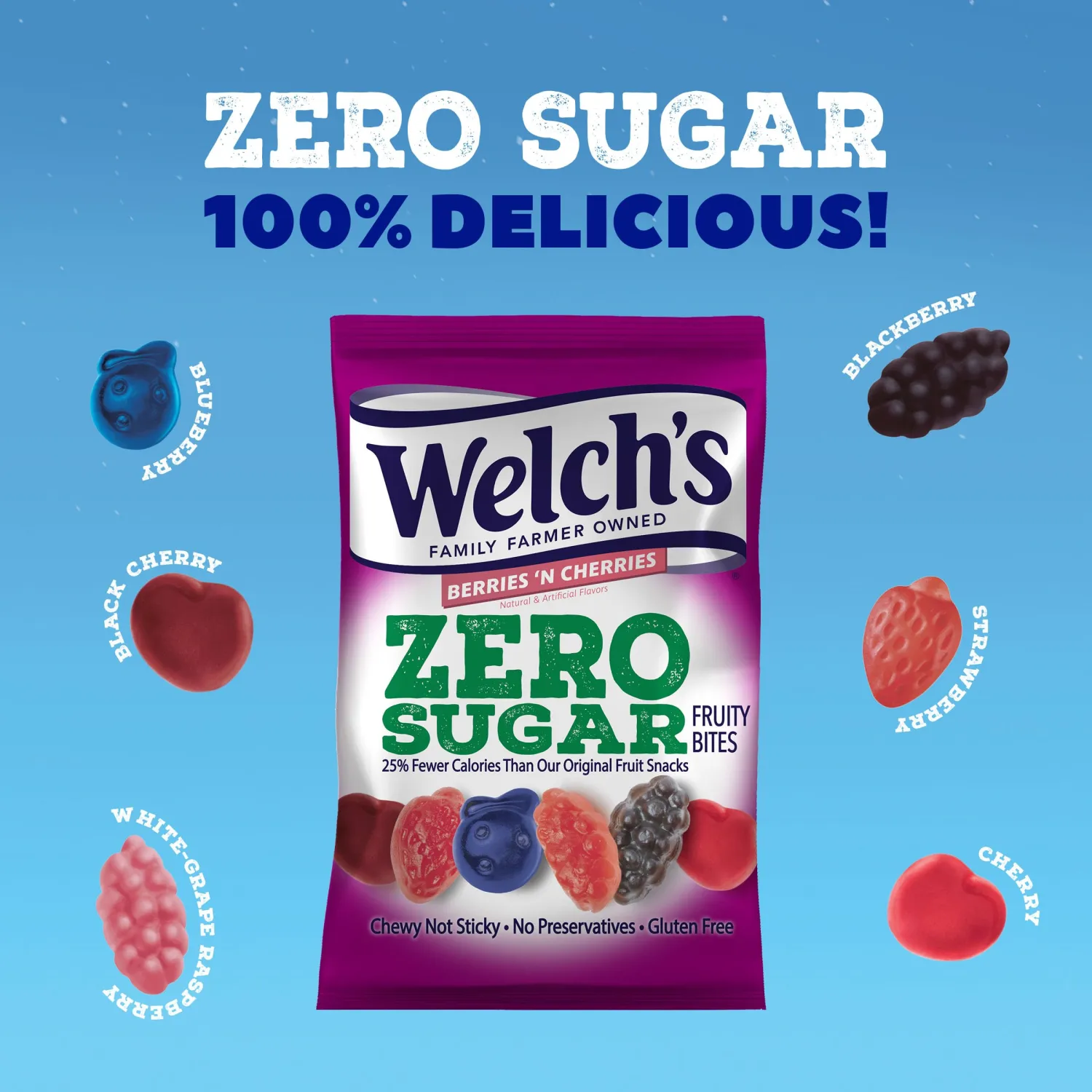 Welch’s Zero Sugar Fruity Bites, Great zero sugar snacks for the office, Mixed Fruit & Berries 'N Cherries, 3 oz (Pack of 2)