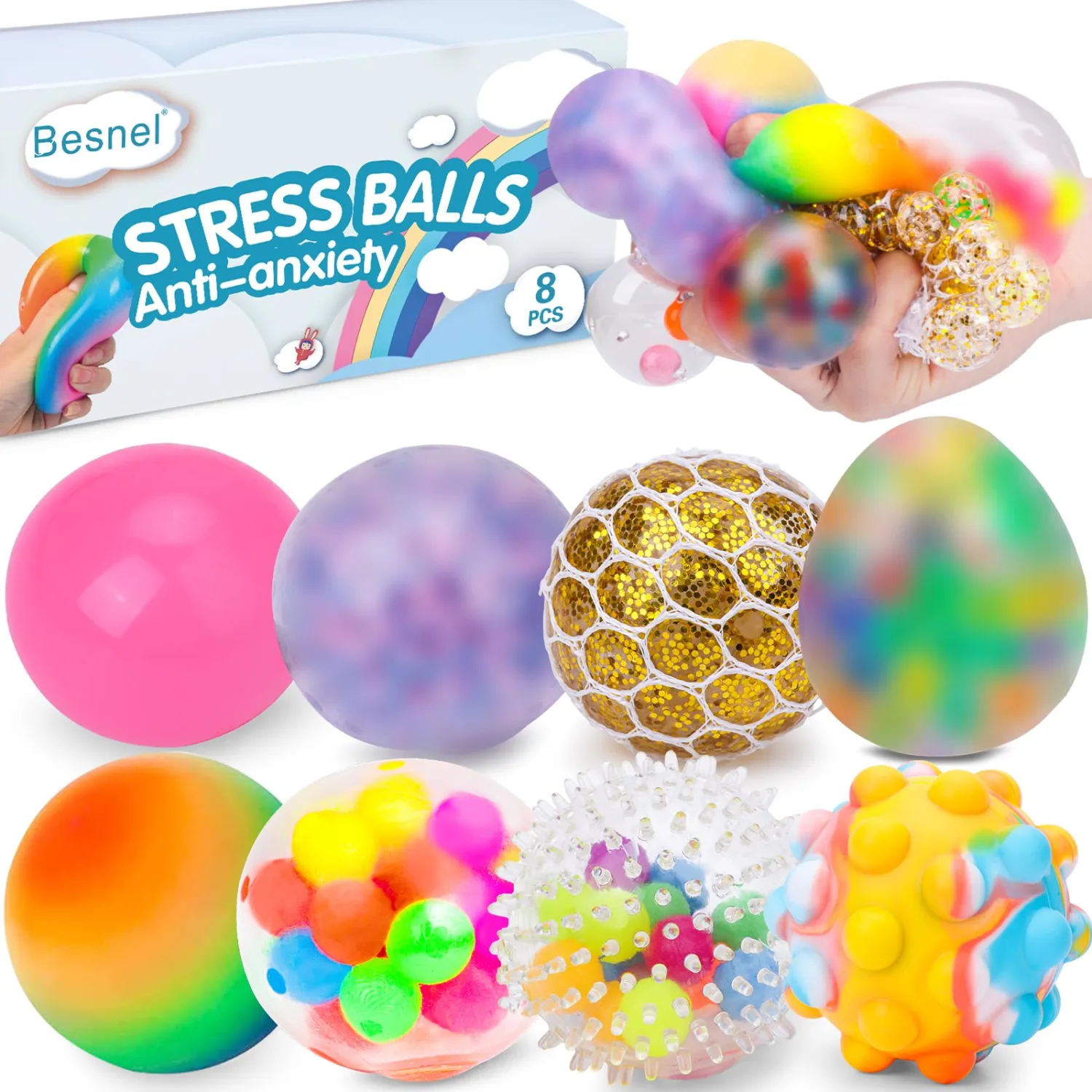 Sensory Stress Balls Set,Squishy Stress Ball,8 Pack Stress Relief Ball Toys for Adults Kids Anxiety Relief Sensory Balls Squeeze Ball