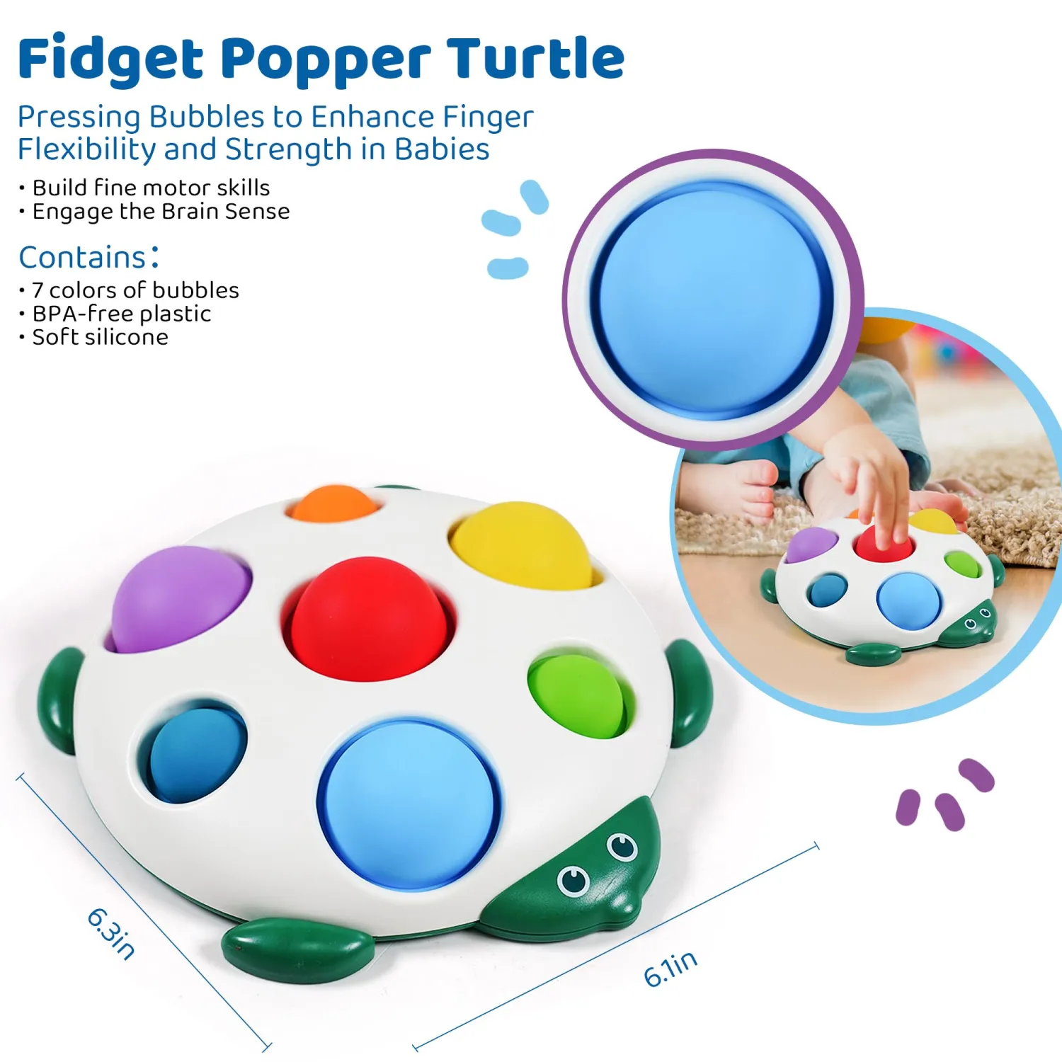 LiKee Fidget Popper Sensory Baby Toys for 10+ Months, Montessori Busy Toy for 1 2 3 Years Old Toddlers Push and Popping Bubbles Fine Motor Skill, Travel Toys for Kids Ages 1-3 Stress Relief (Turtle)