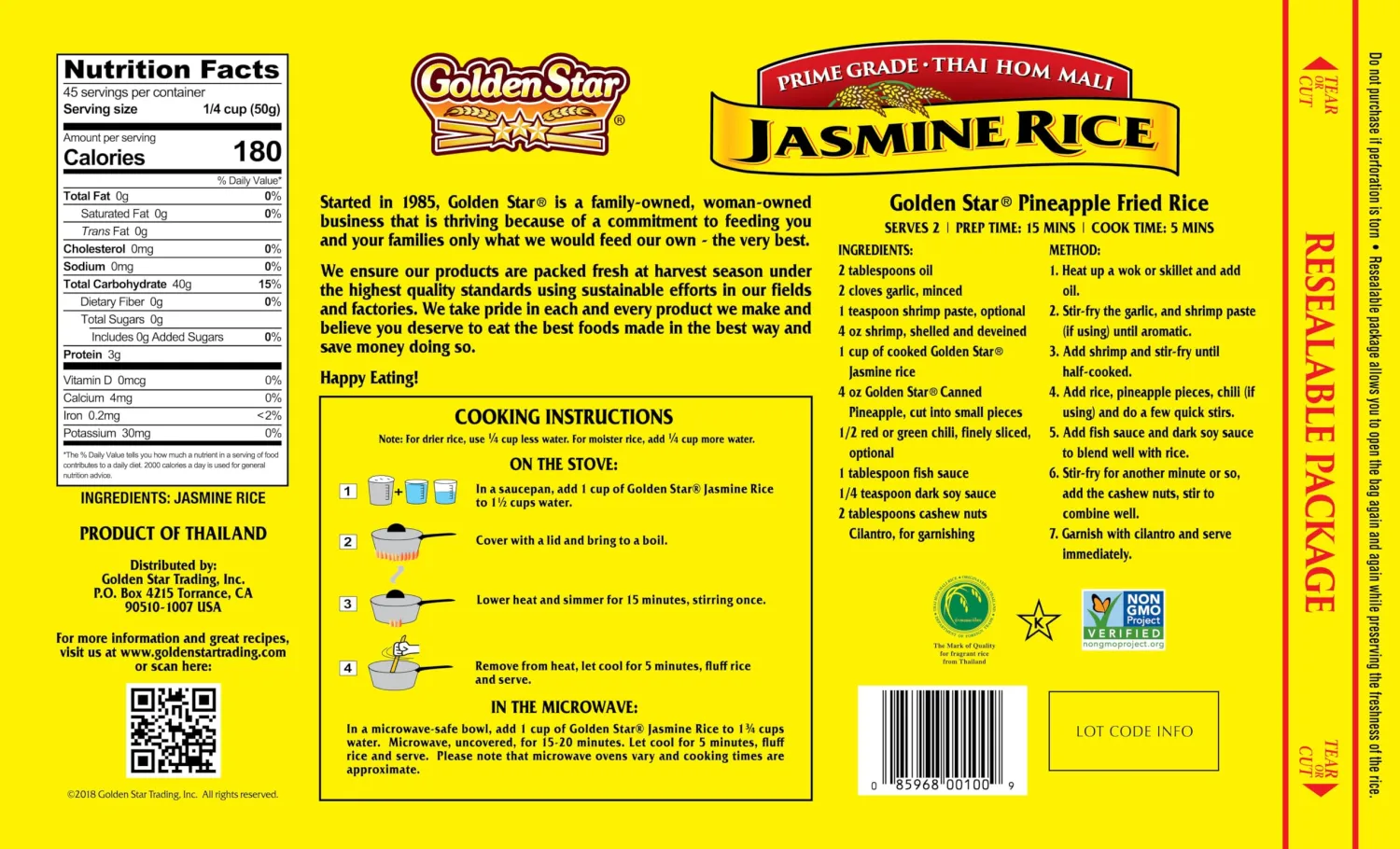 Golden Star Thai Hom Mali White Jasmine Rice - Prime Grade White Rice - 5 lb Bag