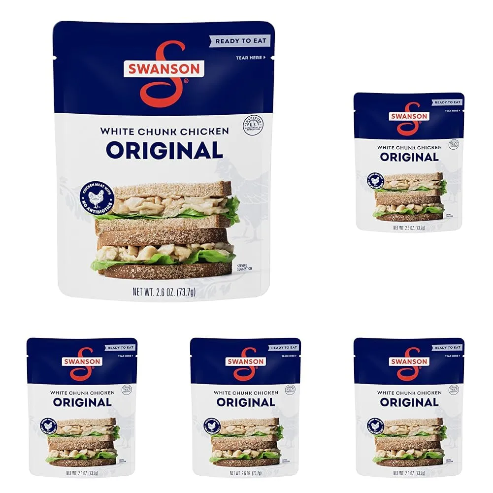 Swanson Original White Chunk Fully Cooked Chicken, Ready to Eat, Simple On-the-Go Meals, 2.6 OZ Pouch (Pack of 5)