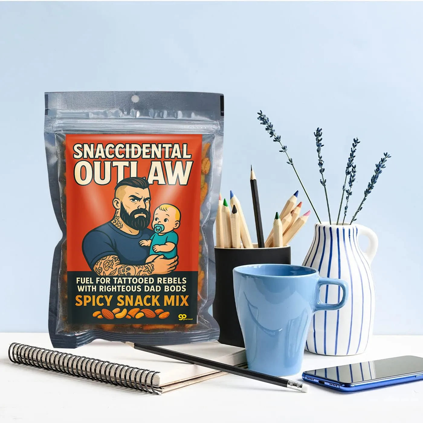 Snaccidental Outlaw Gourmet Trail Mix - Inked Father Spicy Snack Blend for Men, Hot Tattoo Dad Gifts, Sriracha Peanuts, Guacamole Bites