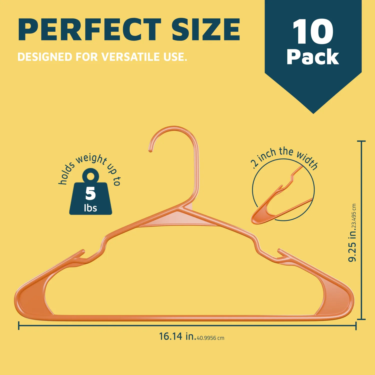 Plastic Clothes Hangers – Heavy Duty Hanger Set, for Organizing Clothes, Dresses, and Coat, Holds Up to 5 lbs, Space-Saving Hangers with Non-Slip Shoulder Grooves, Pack of 10, Orange