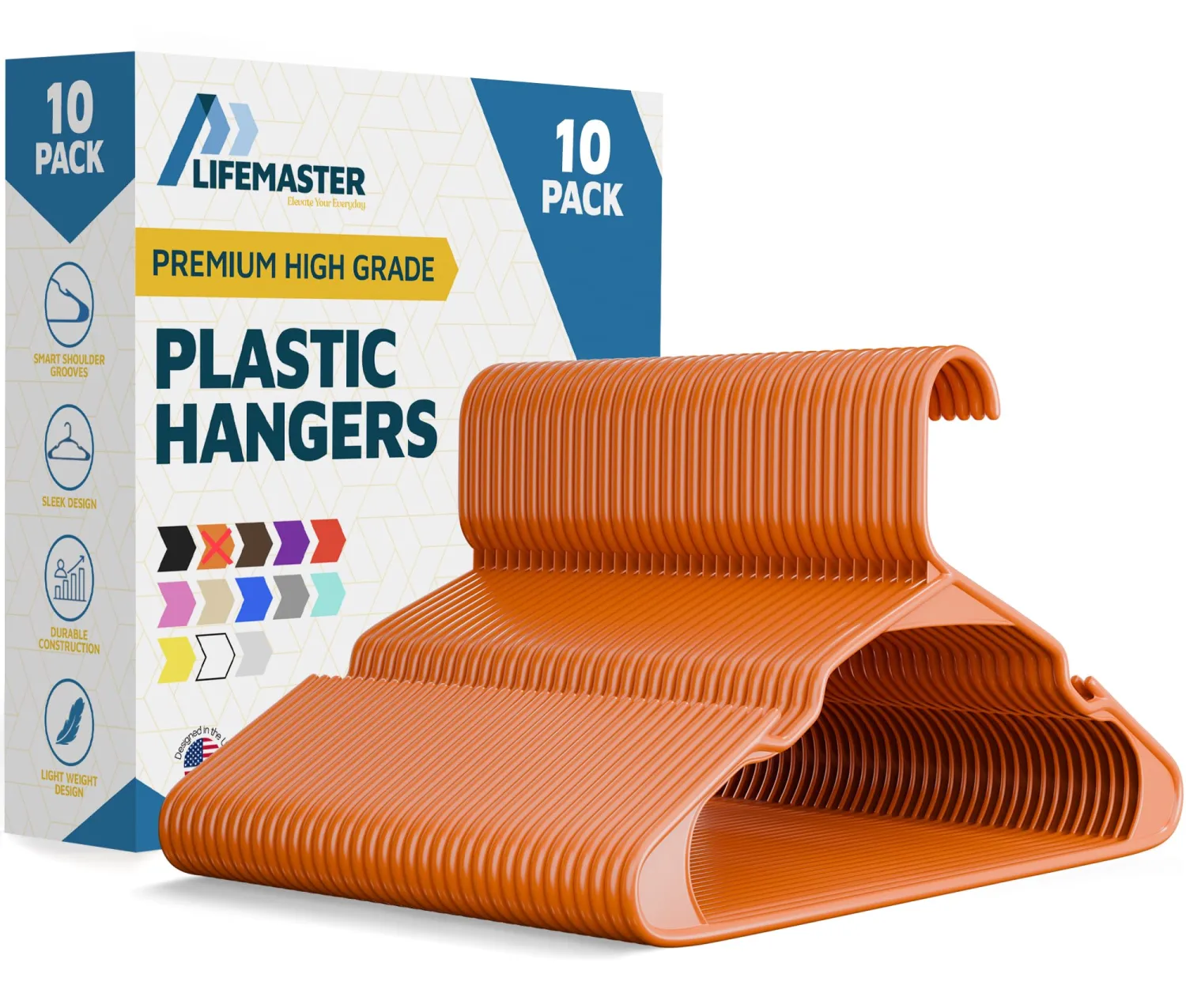 Plastic Clothes Hangers – Heavy Duty Hanger Set, for Organizing Clothes, Dresses, and Coat, Holds Up to 5 lbs, Space-Saving Hangers with Non-Slip Shoulder Grooves, Pack of 10, Orange