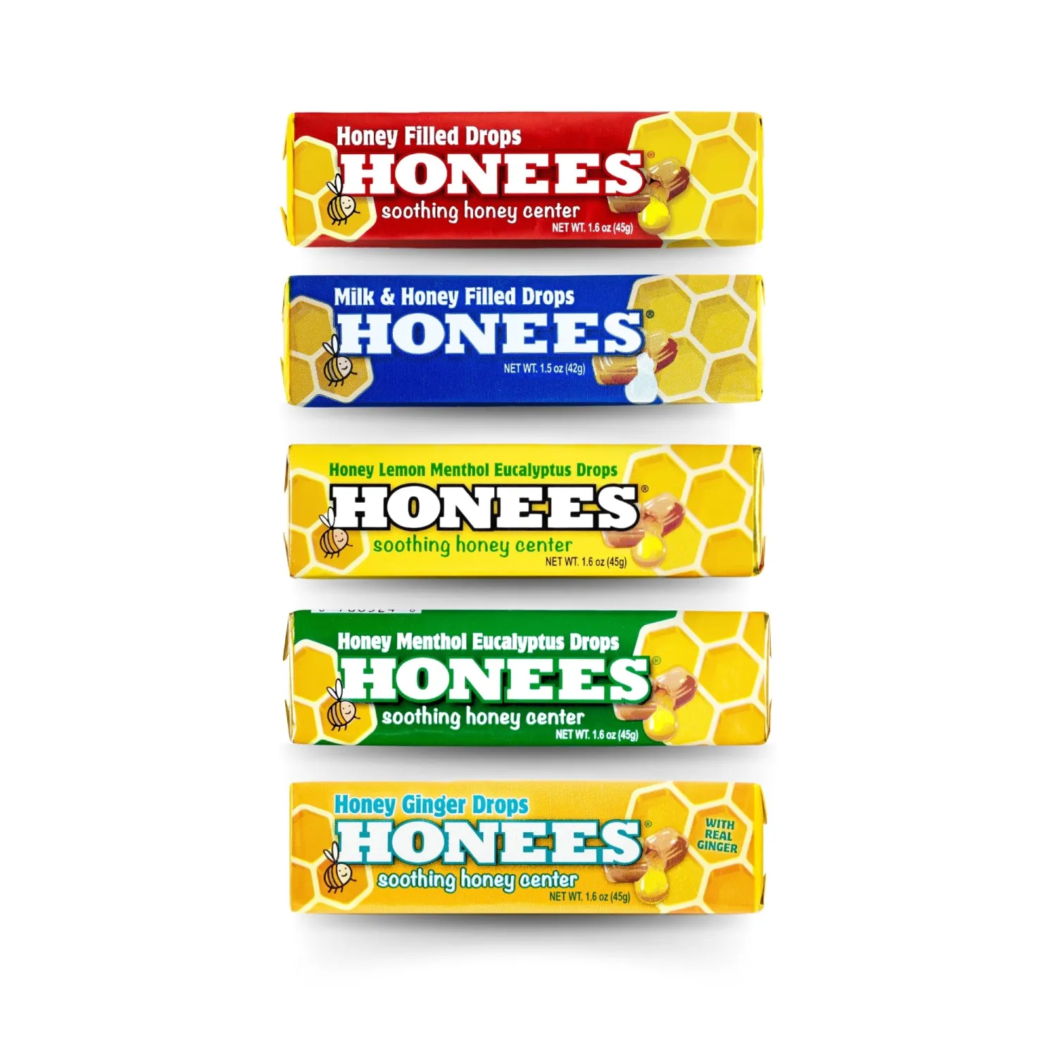Honees Honey Filled Drops, Variety Pack (Honey, Milk & Honey, Honey Lemon, Menthol and Ginger)-Natural Sore Throat Relief -Throat Lozenges, Nothing Artificial - Non-GMO, Gluten Free (5 Pack-45 Drops)