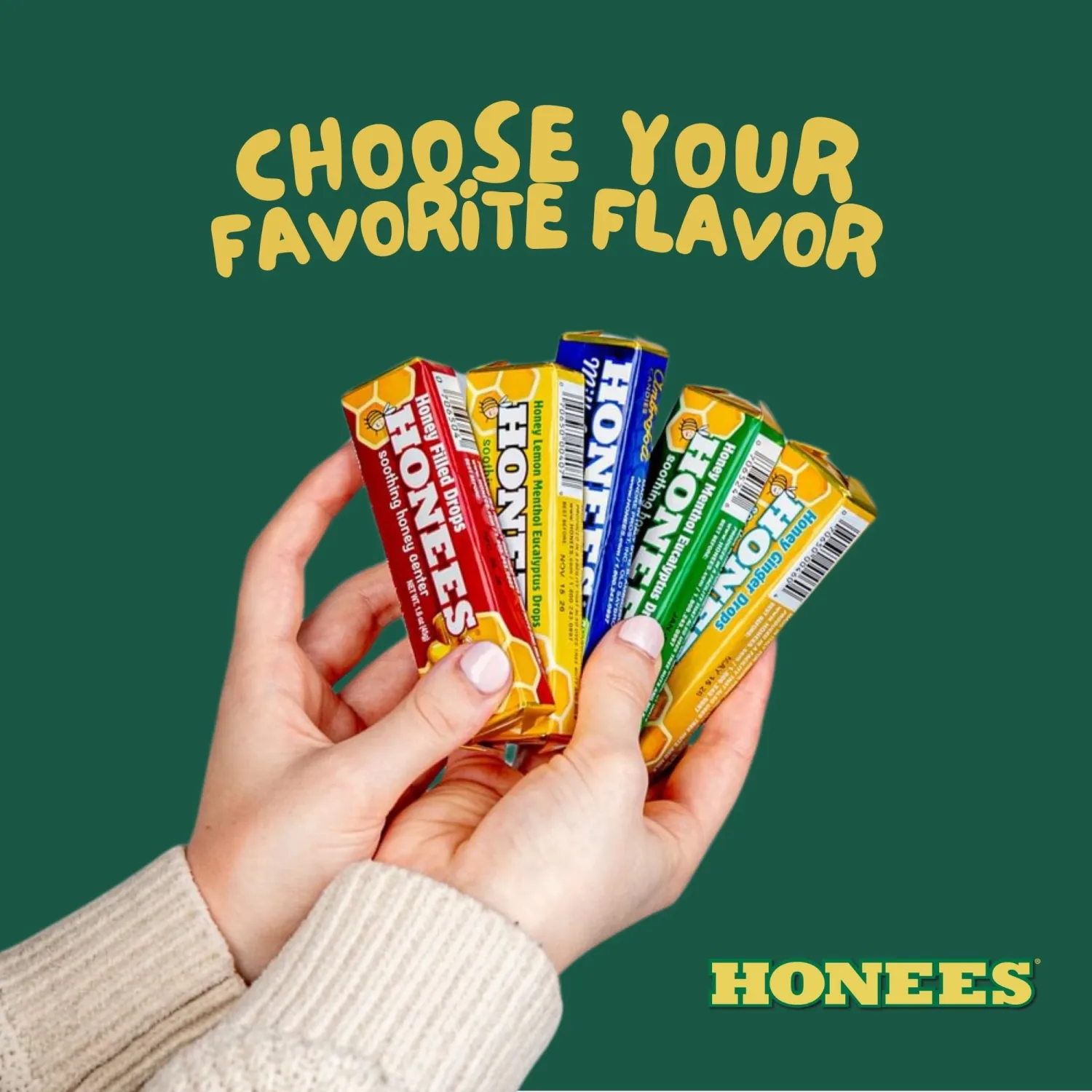 Honees Honey Filled Drops, Variety Pack (Honey, Milk & Honey, Honey Lemon, Menthol and Ginger)-Natural Sore Throat Relief -Throat Lozenges, Nothing Artificial - Non-GMO, Gluten Free (5 Pack-45 Drops)